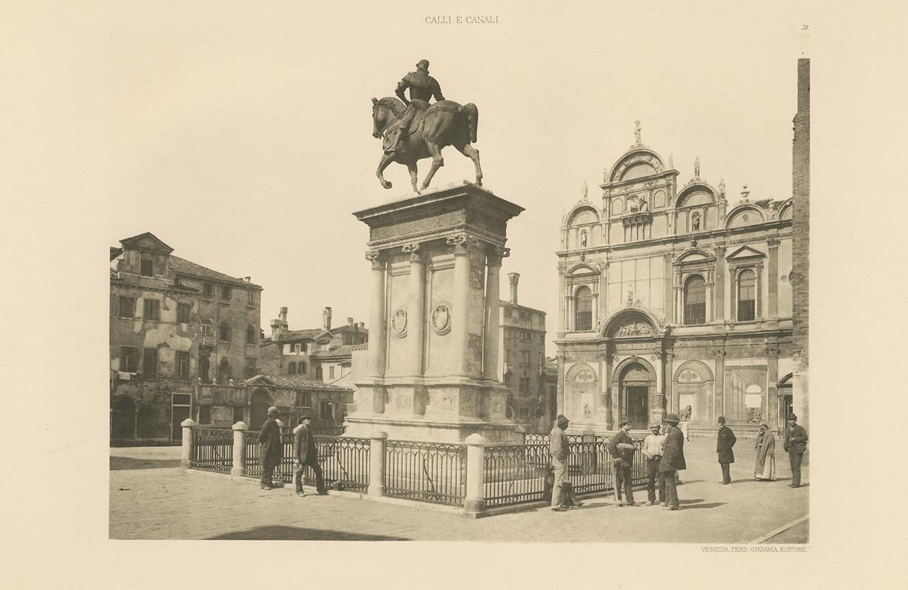 Photogravure of the square near the Basilica di San Giovanni e Paolo, known in Venetian as San Zanipolo. This print originates from 'Calli e Canali - Streets and Canals in Venice edited by Ferdinand Ongania'. Published circa 1890.