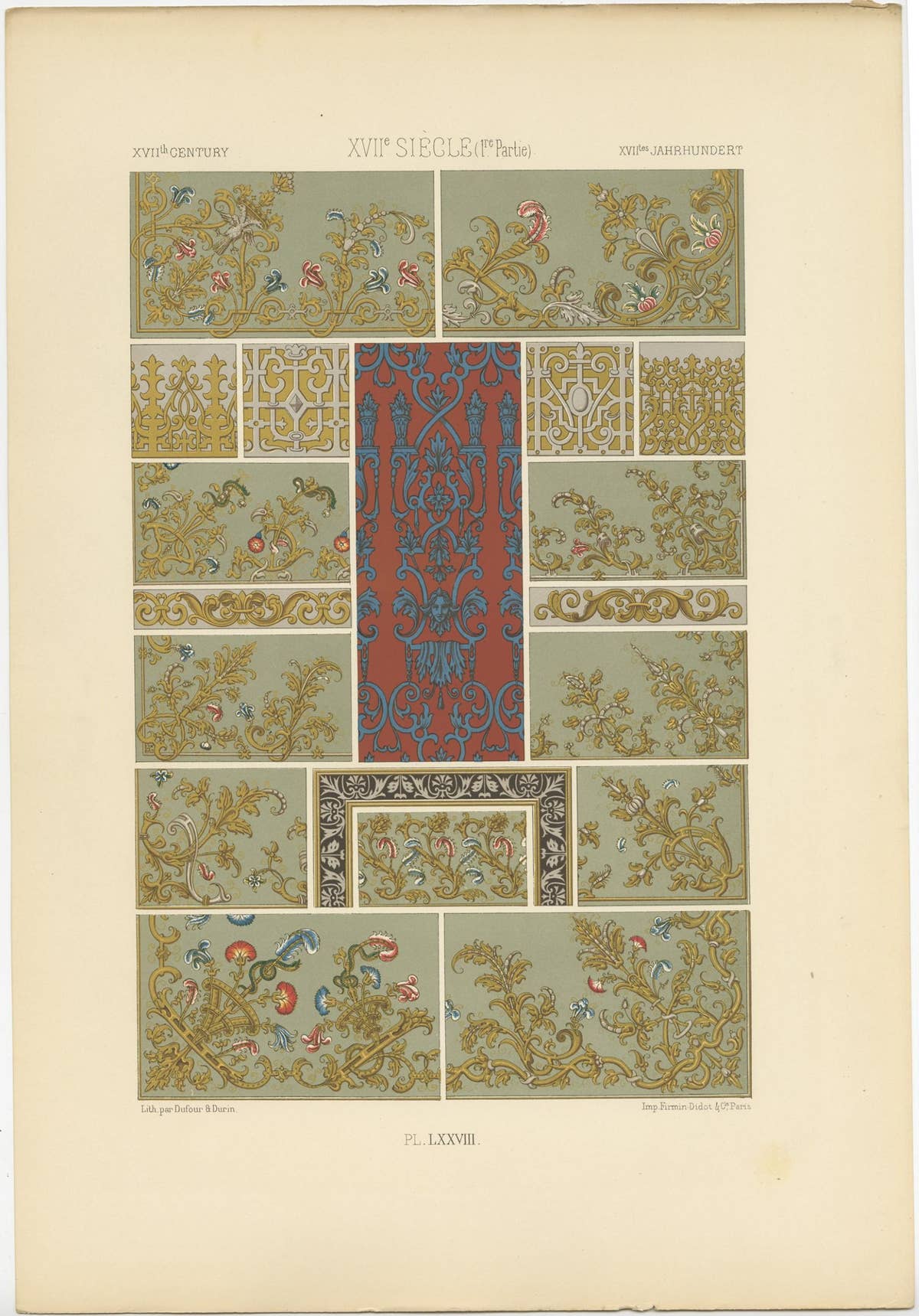 Pl. 78 Antique Print of XVIIth Century Ornaments by Racinet (c.1890)