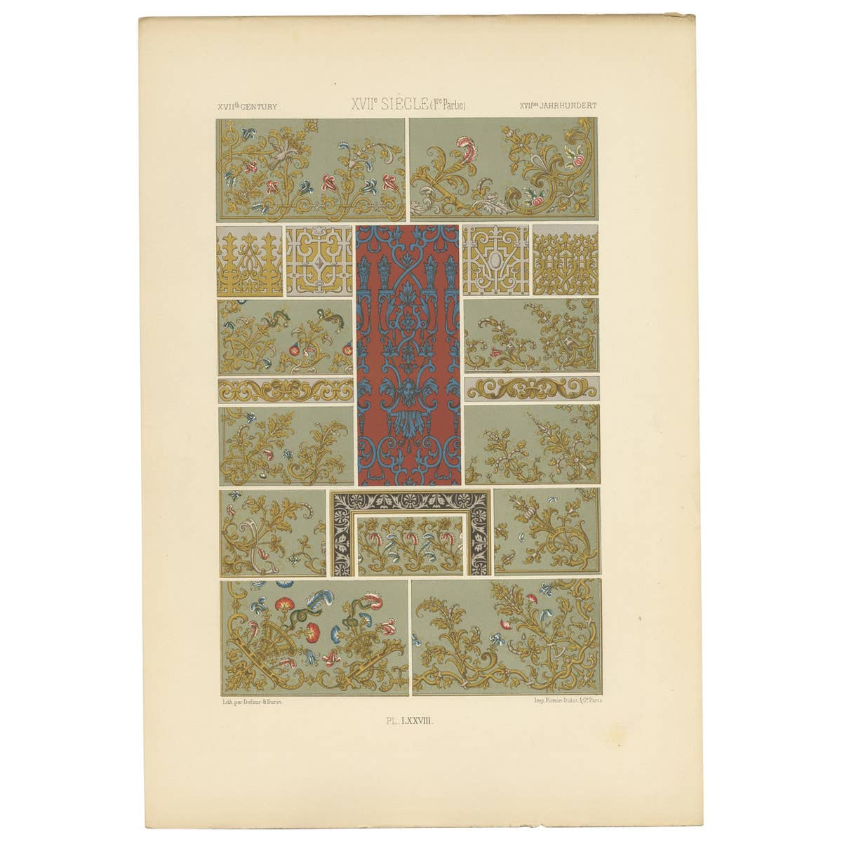 Pl. 78 Antique Print of XVIIth Century Ornaments by Racinet (c.1890)
