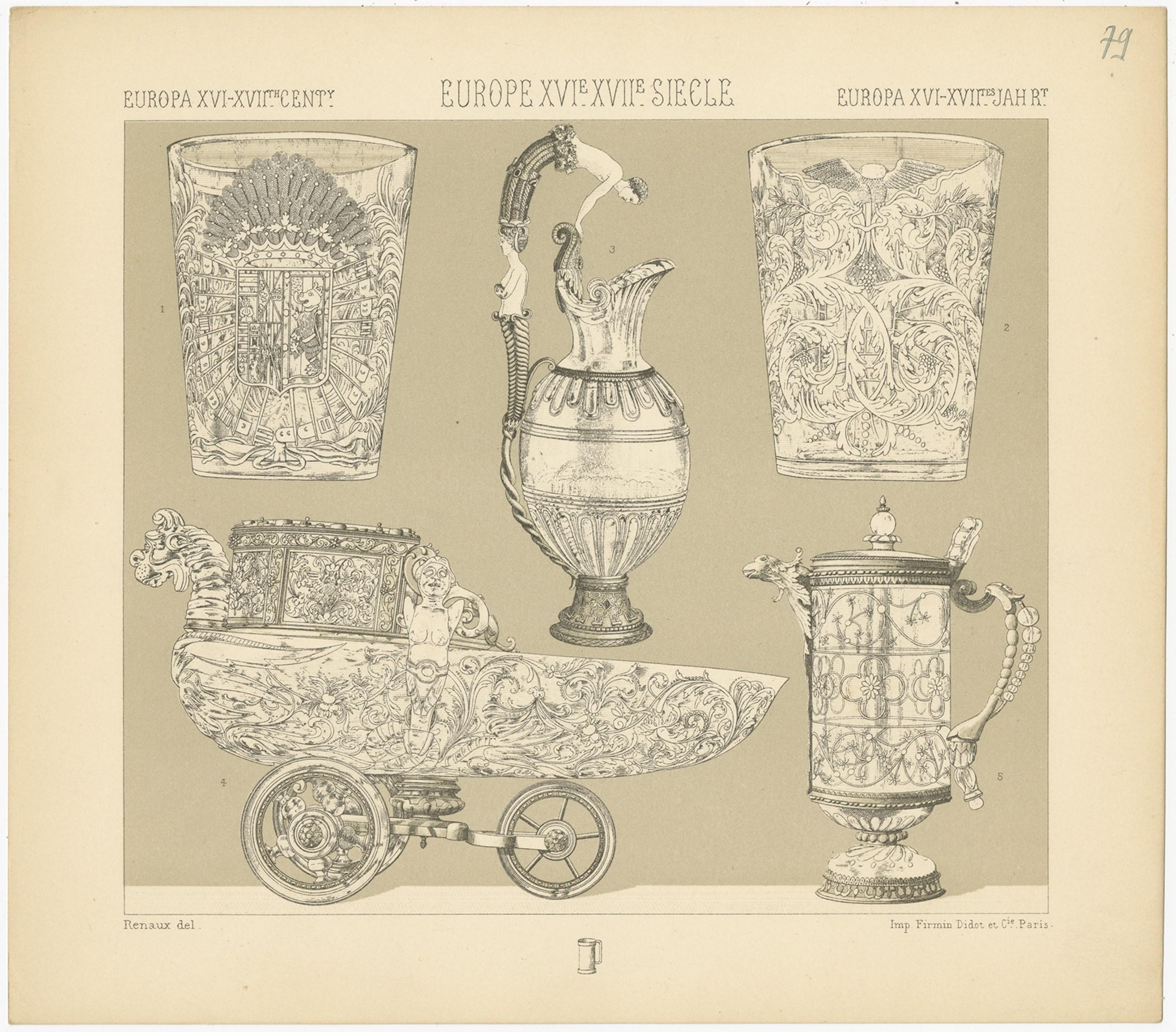 Antique print titled 'Europa XVI, XVIIth Cent - Europe XVIe, XVIIe Siecle - Europa XVIt, XVIItes Jahr'. Chromolithograph of European XVIth-XVIIth Decorative Objects. This print originates from 'Le Costume Historique' by M.A. Racinet. Published,