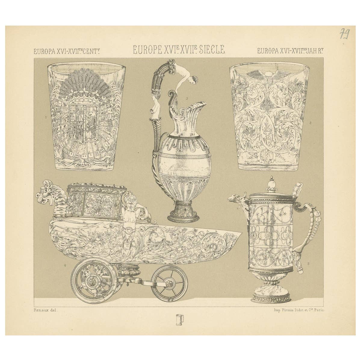 Pl. 79 Antique Print of European XVIth-XVIIth Deco Objects by Racinet