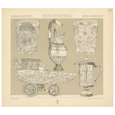Pl. 79 Antique Print of European XVIth-XVIIth Deco Objects by Racinet