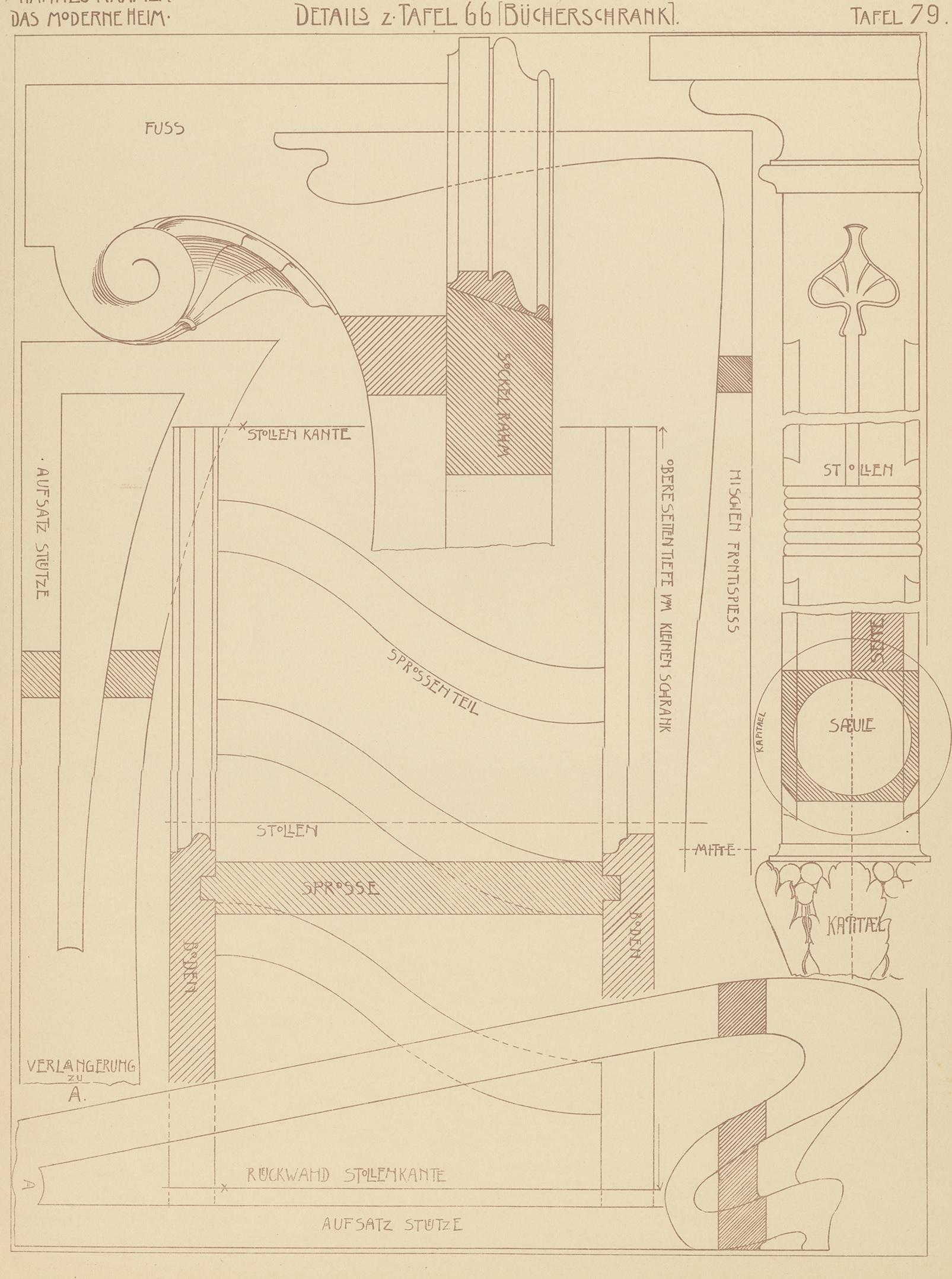 Antique print titled 'Details z. Bücherschrank'. Lithograph of furniture details. This print originates from 'Det Moderna Hemmet' by Johannes Kramer. Published by Ferdinand Hey'l, circa 1910.