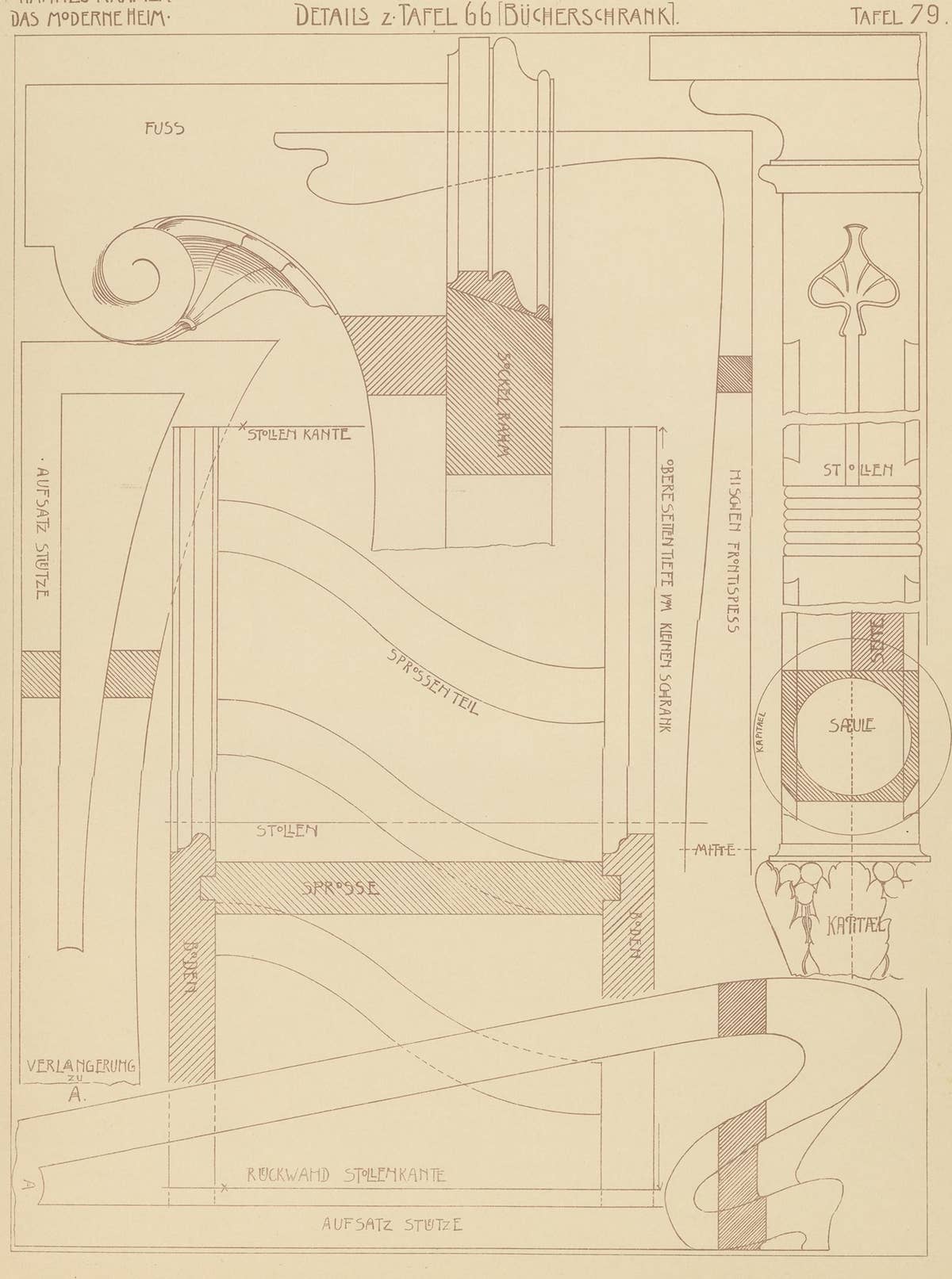Pl. 79 Antique Print of Furniture Details by Kramer, circa 1910