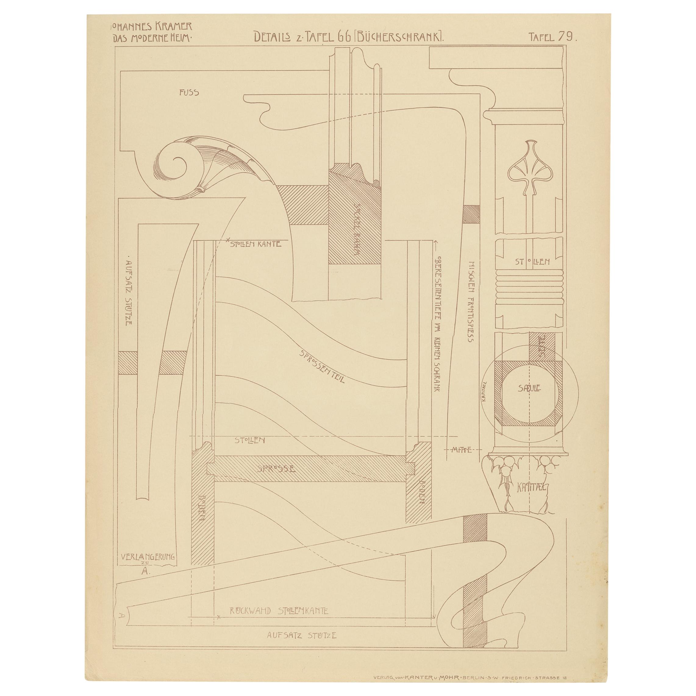 Pl. 79 Antique Print of Furniture Details by Kramer, circa 1910 For Sale