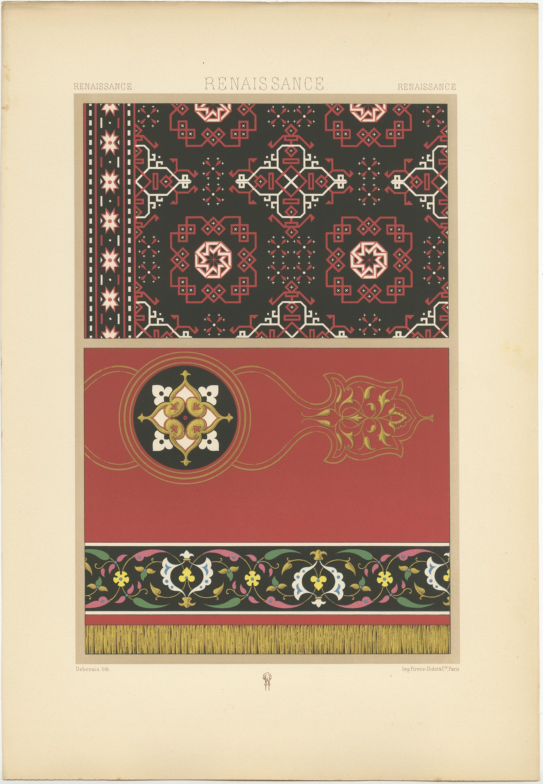 Antique print titled 'Renaissance - Renaissance - Renaissance'. Chromolithograph of carpet designs of Near Eastern style from 15th century paintings ornaments. This print originates from 'l'Ornement Polychrome' by Auguste Racinet. Published circa
