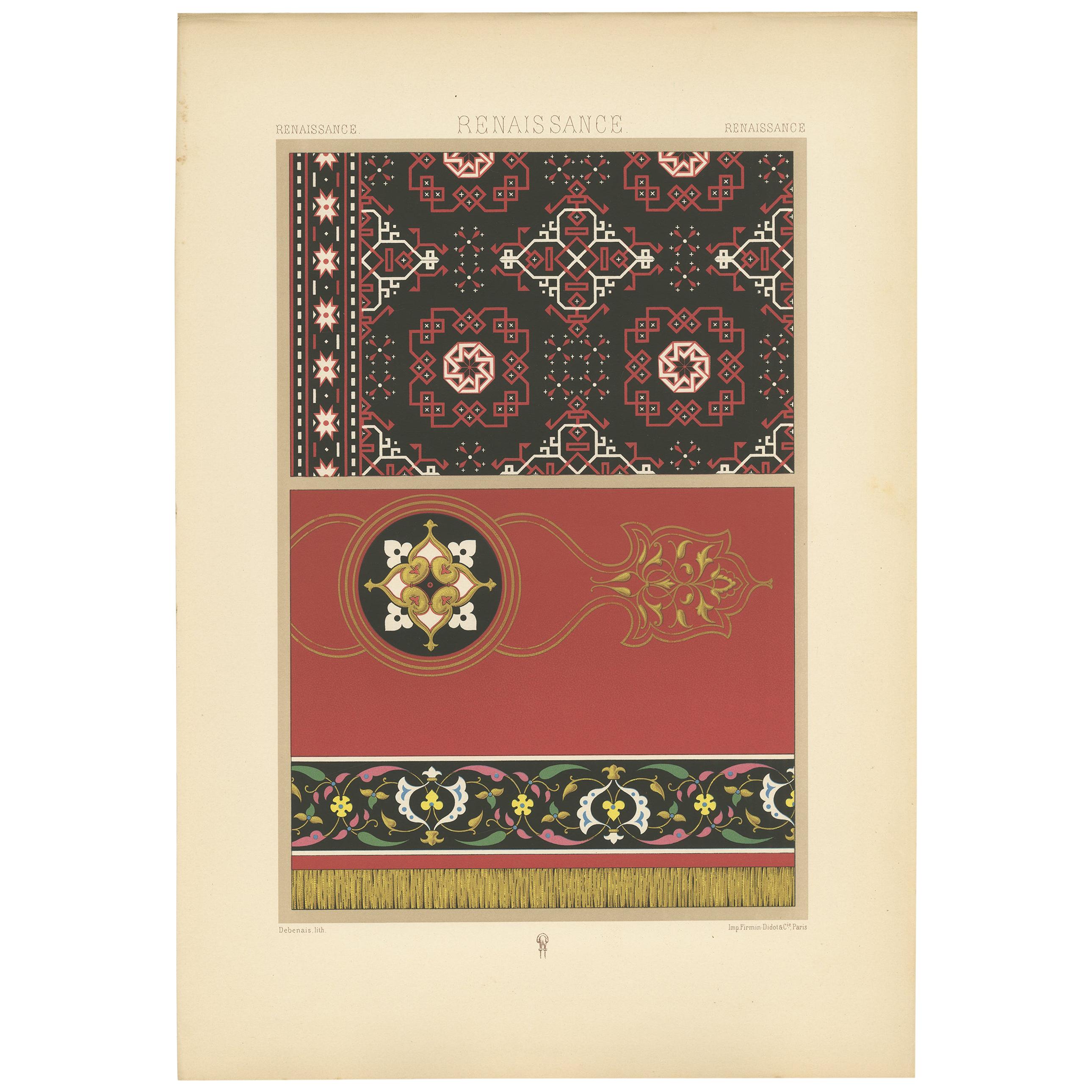 Impression ancienne de tapis de la Renaissance Pl. 79 par Racinet, vers 1890