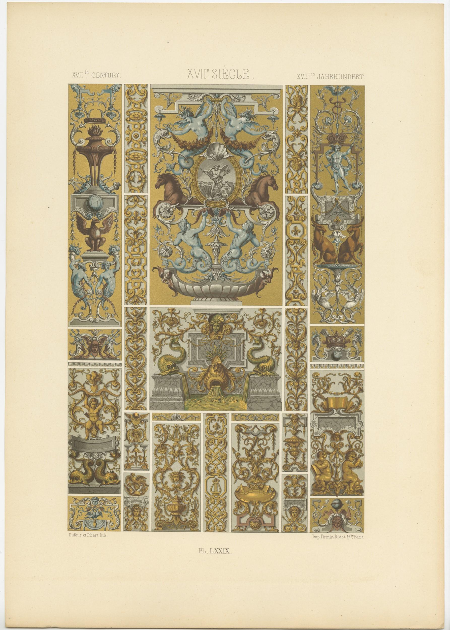Impression ancienne d'ornements du XVIIe siècle Pl. 79 par Racinet, datant d'environ 1890 Bon état - En vente à Langweer, NL