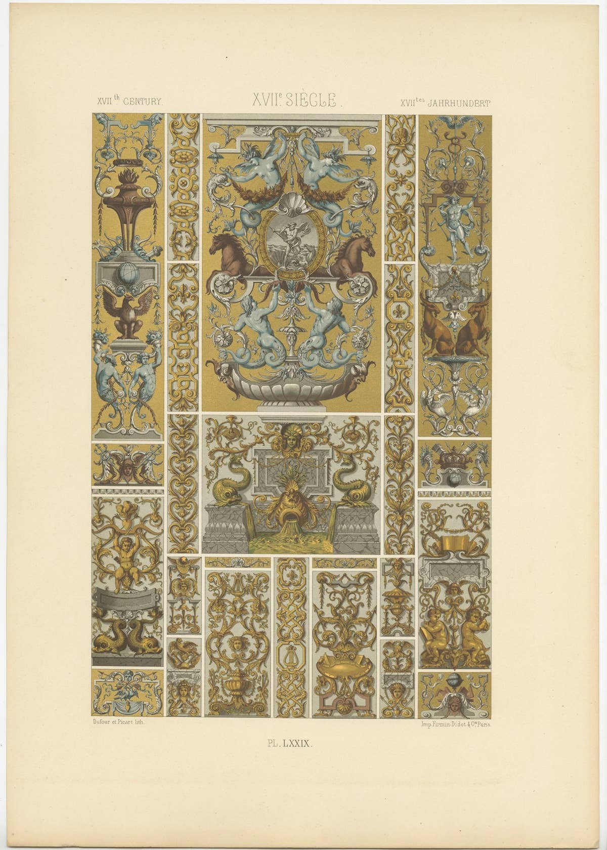 Pl. 79 Antique Print of XVIIth Century Ornaments by Racinet, circa 1890