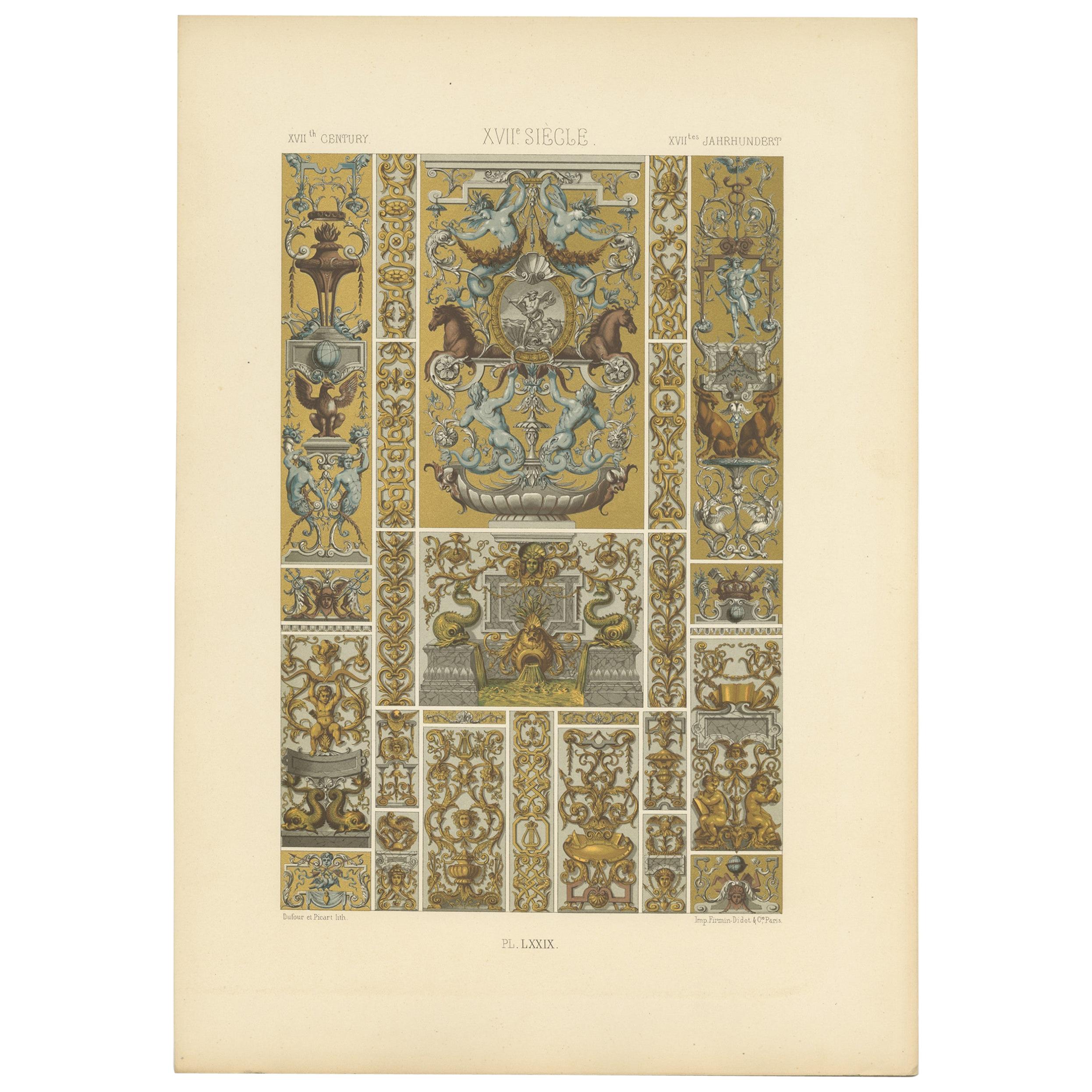 Pl. 79 Estampa antigua de ornamentos del siglo XVII de Racinet, hacia 1890