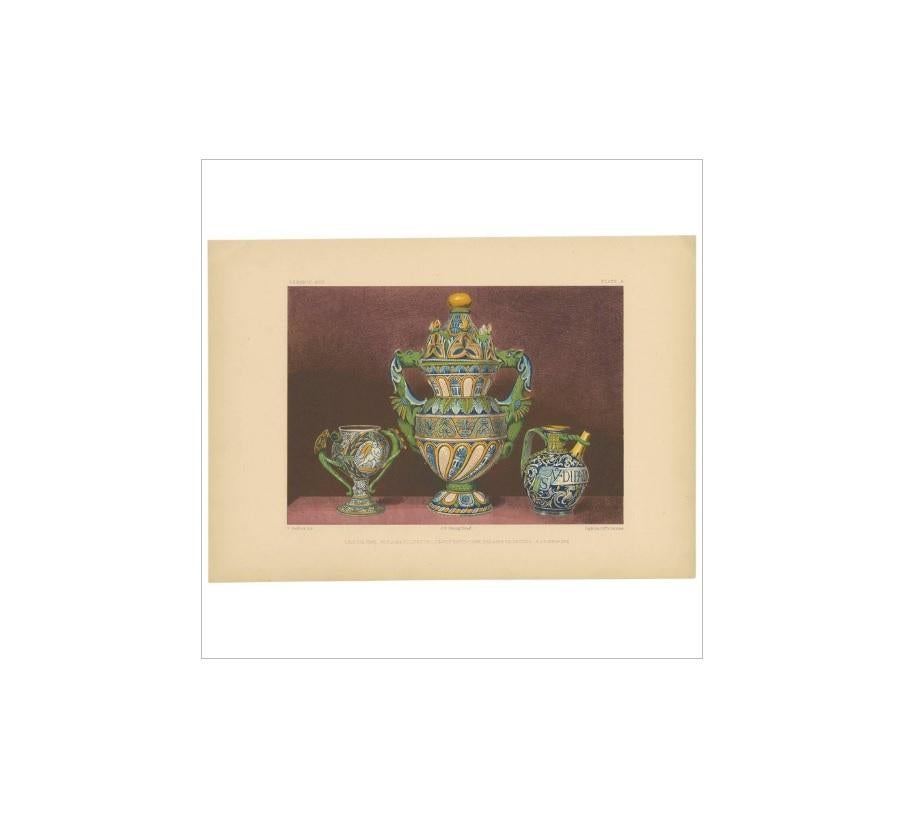 Antique print titled ‘Faenza Vase’. Lithograph of a Faenza ceramic vase.This print originates from ‘Examples of Pottery and Porcelain selected from the Royal and other Collections’. Edited by J.B. Waring. Chromo-lithographed by F. Bedford. Drawings