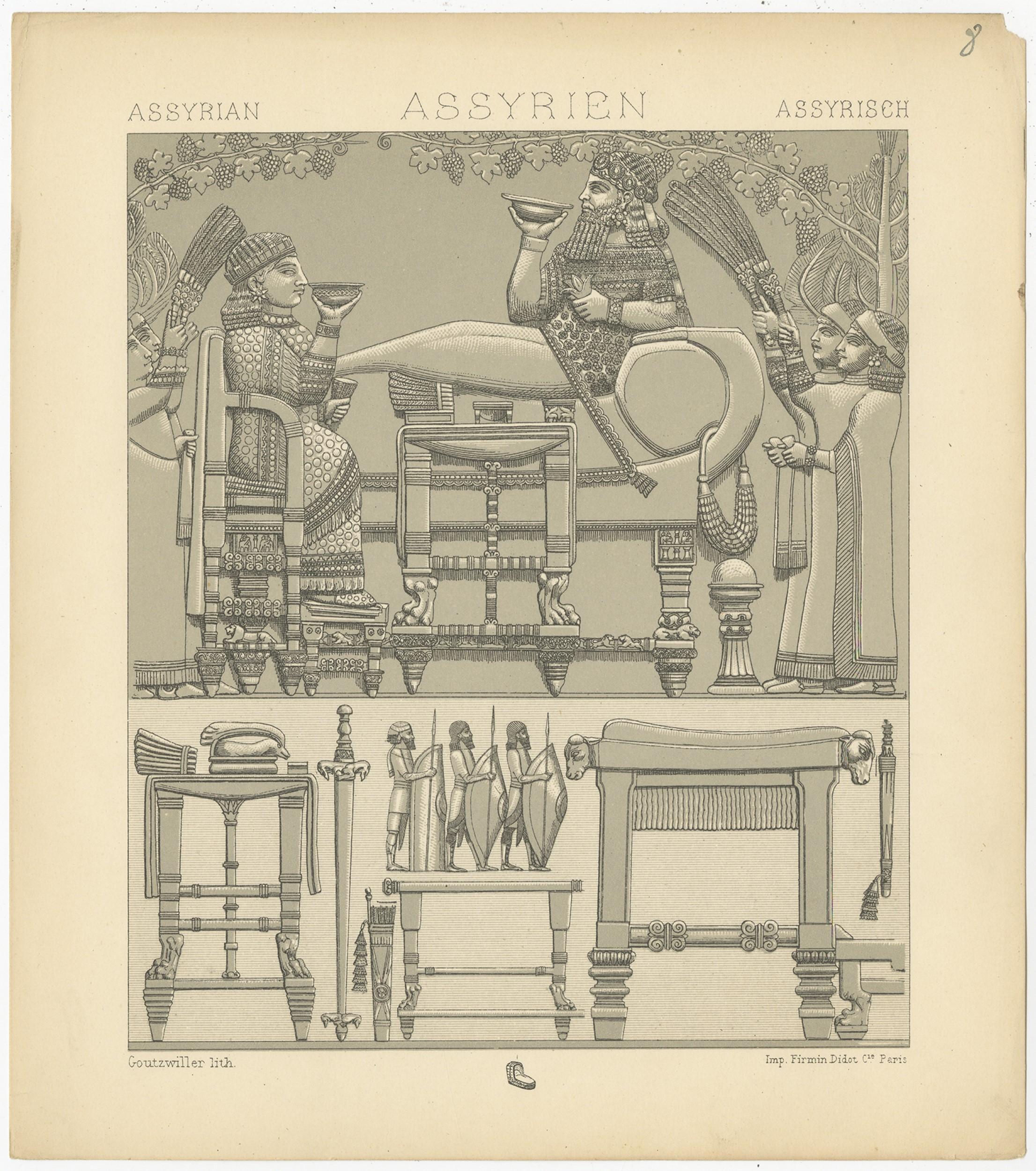Antique print titled 'Assyrian - Assyrien - Assyrisch'. Chromolithograph of Furniture. This print originates from 'Le Costume Historique' by M.A. Racinet. Published, circa 1880.

    