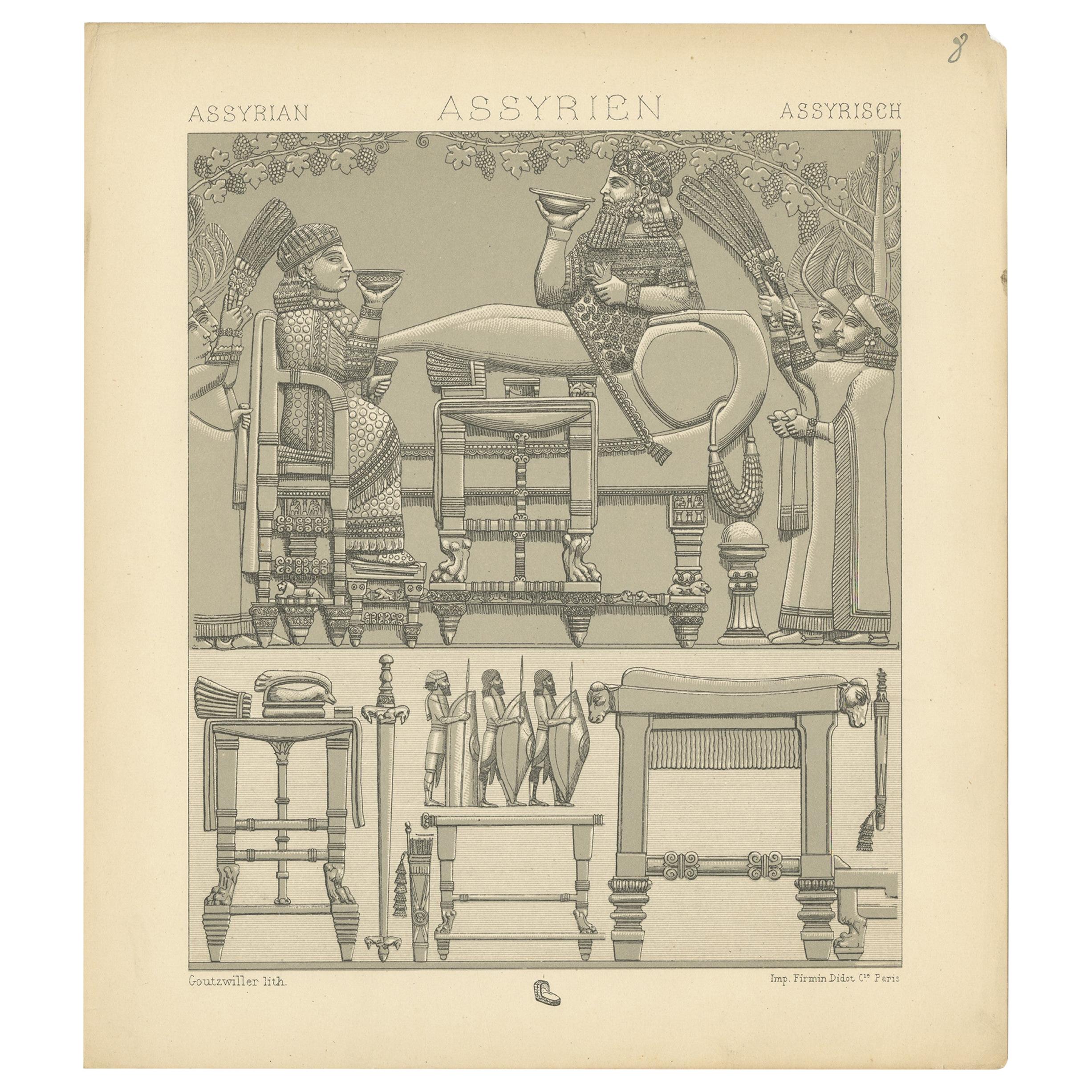 Pl. 8 Antique Print of Assyrian Furniture by Racinet, 'circa 1880'