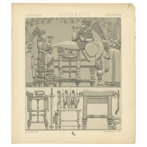 Antique Print of Assyrian Furniture by Racinet, circa 1880