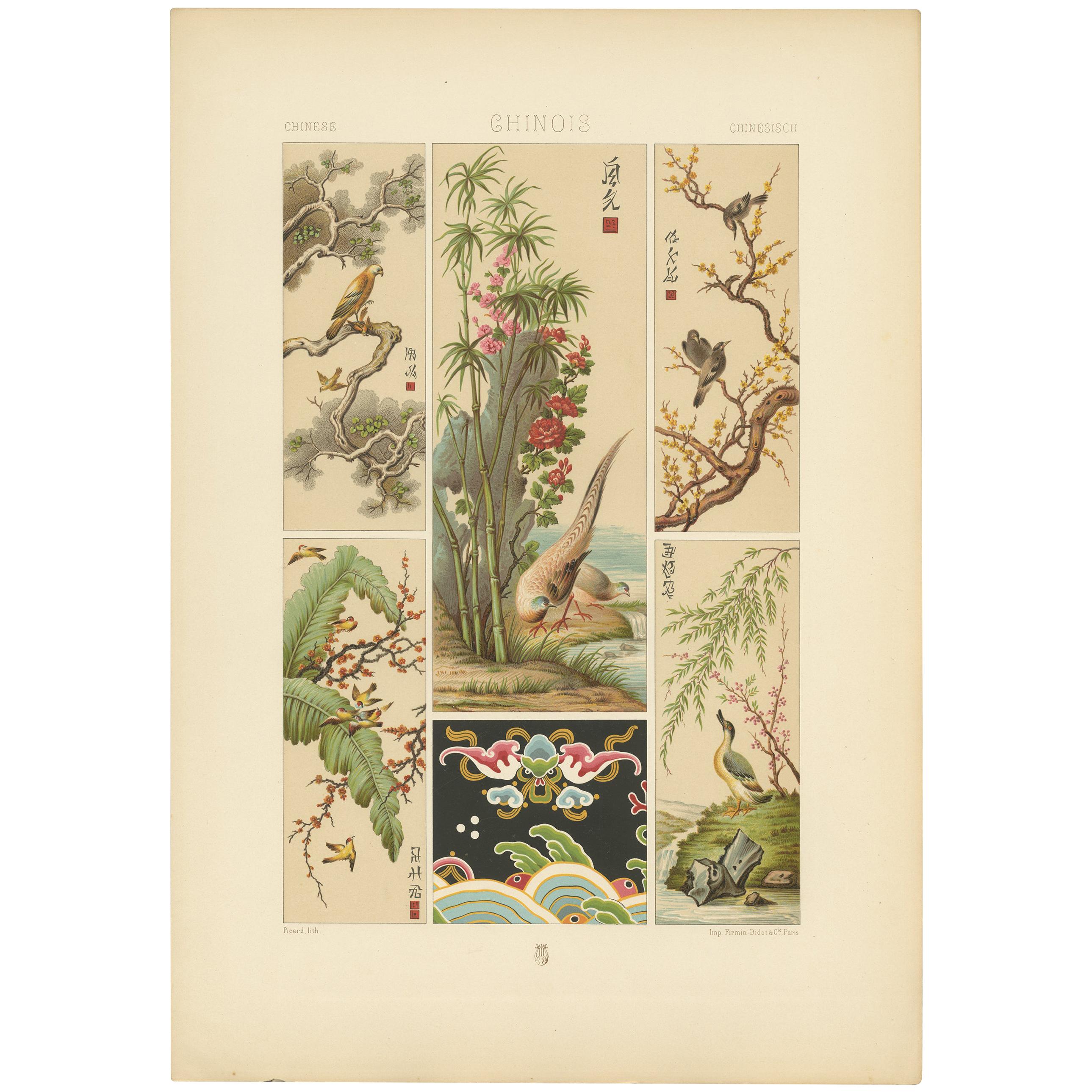 Antique Print of Chinese Embroidery Paintings by Racinet 'circa 1890' For Sale
