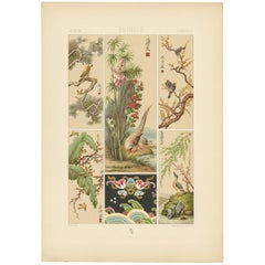 Antiker Druck chinesischer Stickereimalereien von Racinet 'circa 1890'.