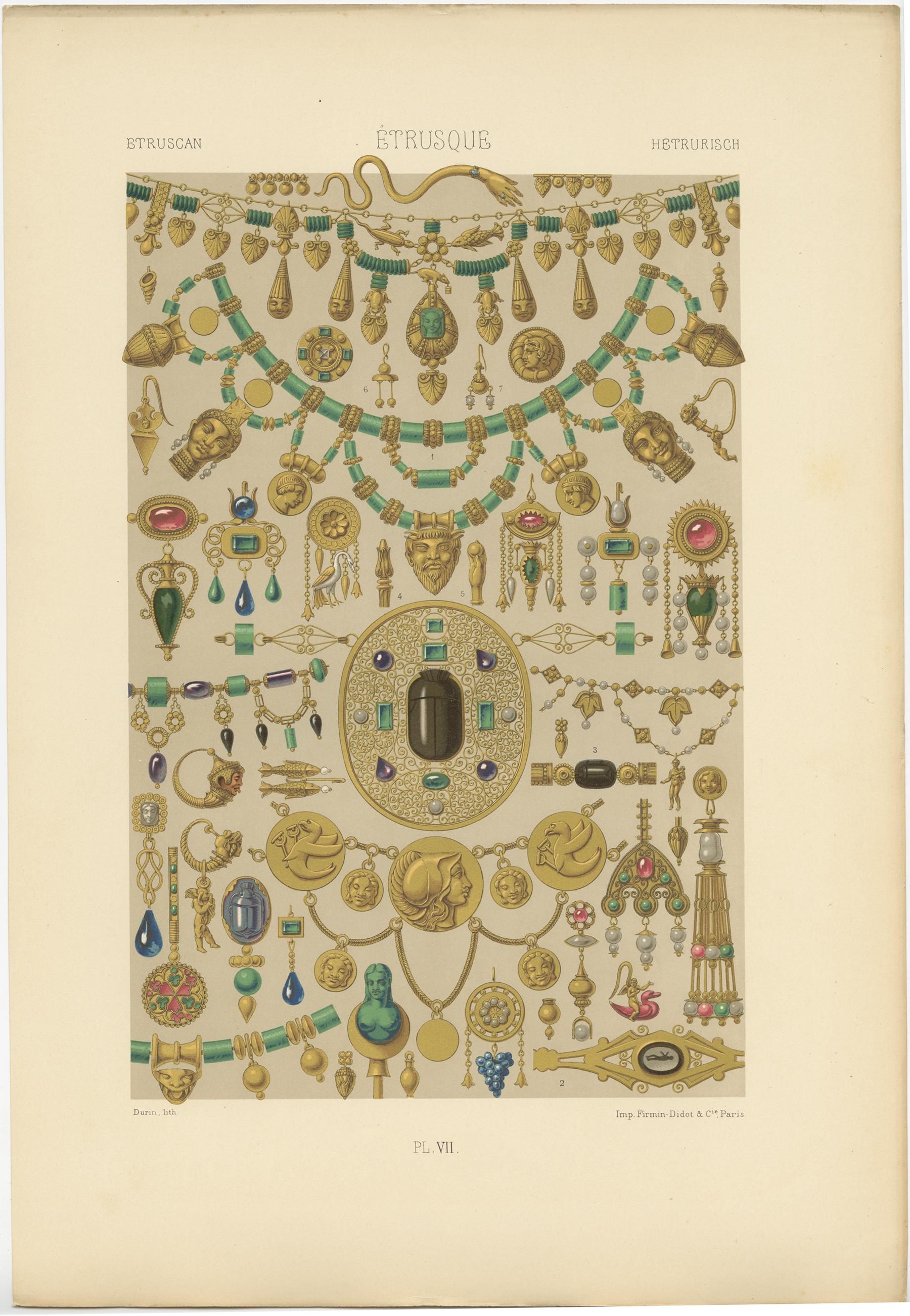 Antique print titled 'Etruscan - Étrusque - Hetrurisch'. Chromolithograph of Etruscan ornaments and decorative arts. This print originates from 'l'Ornement Polychrome' by Auguste Racinet. Published, circa 1890.