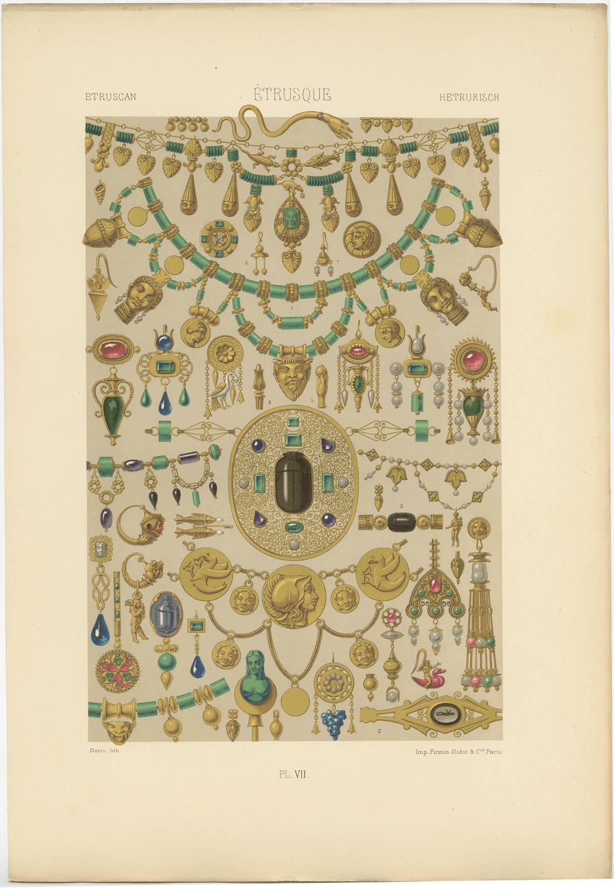 Pl. 7 Antique Print of Etruscan Ornaments by Racinet, circa 1890