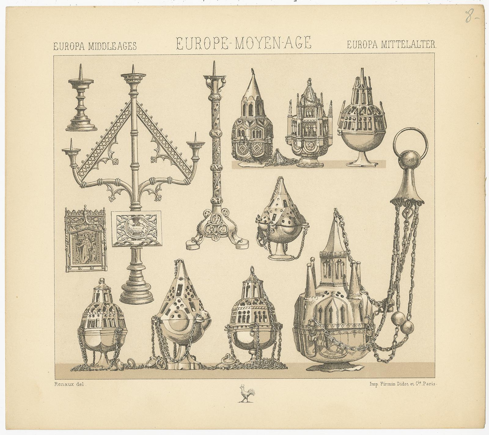 Antique print titled 'Europa Middle Ages - Europe Moyen Age - Europa Mittelalter'. Chromolithograph of European Decorative Objects. This print originates from 'Le Costume Historique' by M.A. Racinet. Published circa 1880.