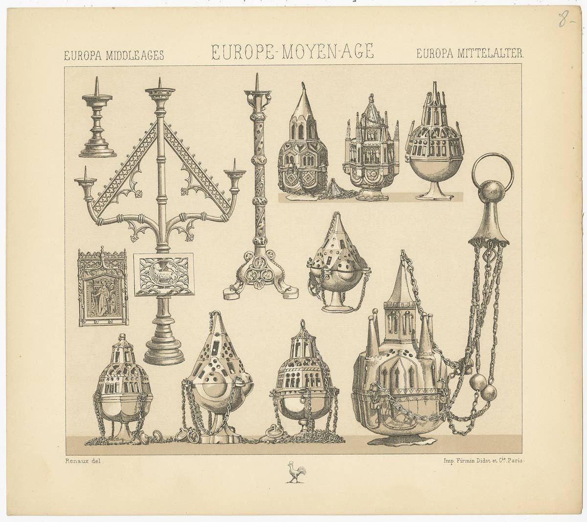 Pl. 8 Antique Print of European Decorative Objects by Racinet, circa 1880