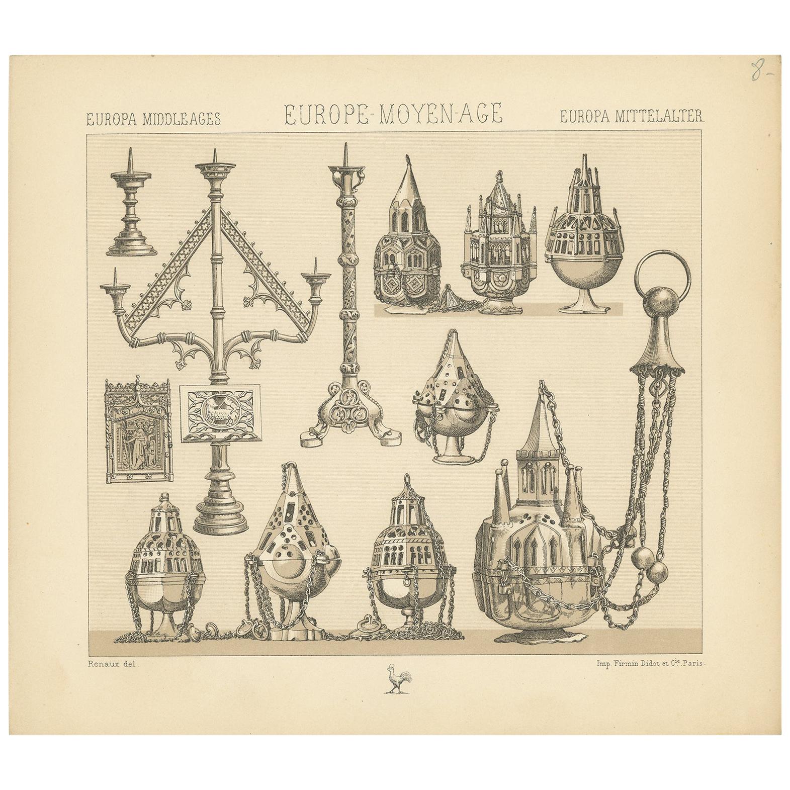 Pl. 8 Antique Print of European Decorative Objects by Racinet, circa 1880 For Sale