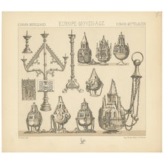 Pl. 8 Impression ancienne d'objets décoratifs européens par Racinet, vers 1880
