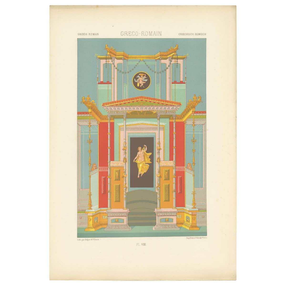 Antique Chromolithograph Print of Greek Roman Ornaments, Circa 1890