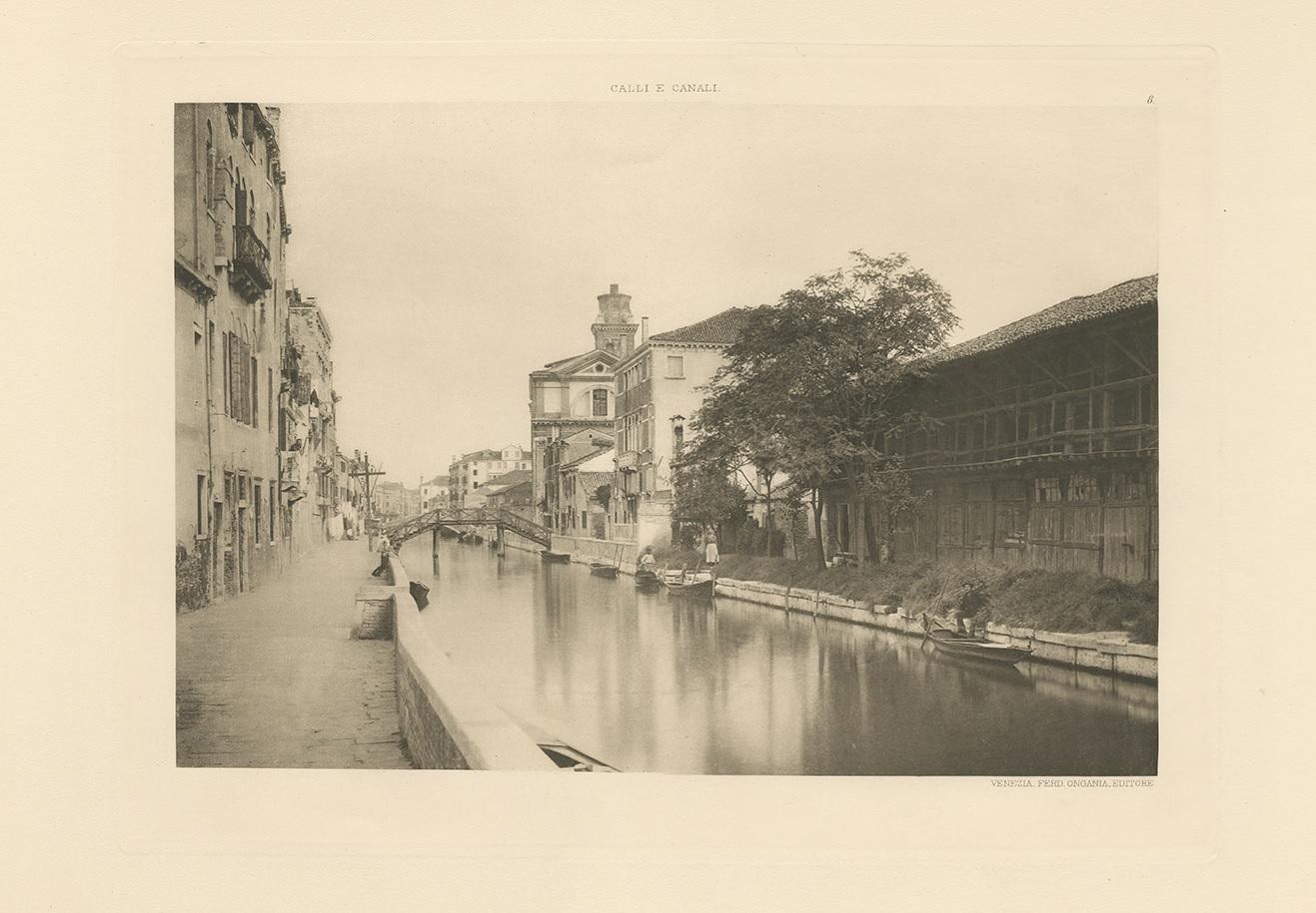 Photogravure of Rio di S. Girolamo in Venice, Italy. The ancient 'chiovere' and the church of the Saint can be seen to the right. The chiovere were sheds, used for distending and drying the woollen cloths manufactured in Venice. 

This print