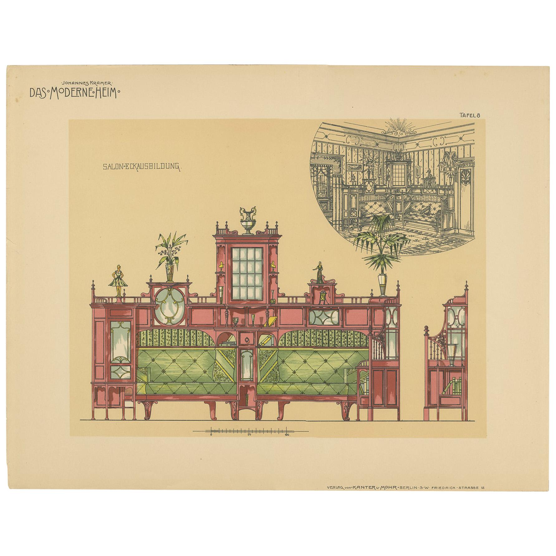Pl. 8 Antique Print of Salon Furniture by Kramer 'circa 1910' For Sale