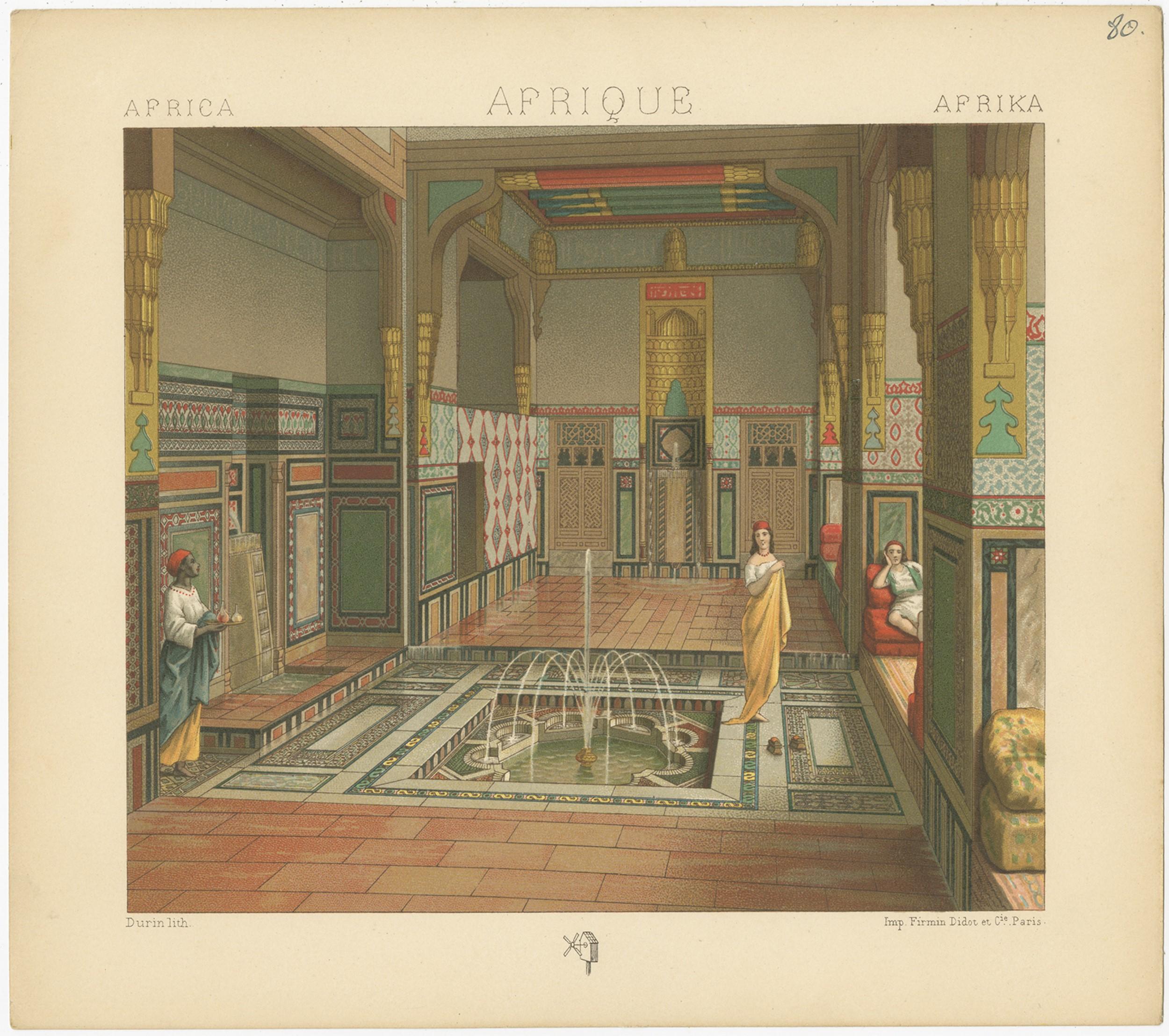 Antique print titled 'Africa - Afrique - Afrika'. Chromolithograph of African Interior. This print originates from 'Le Costume Historique' by M.A. Racinet. Published, circa 1880.