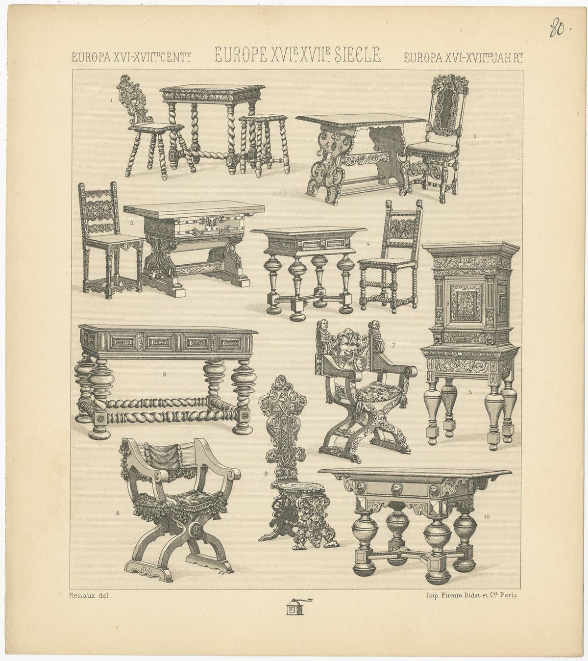 Pl. 80 Antique Print of European XVIth-XVIIth Furniture by Racinet, circa 1880