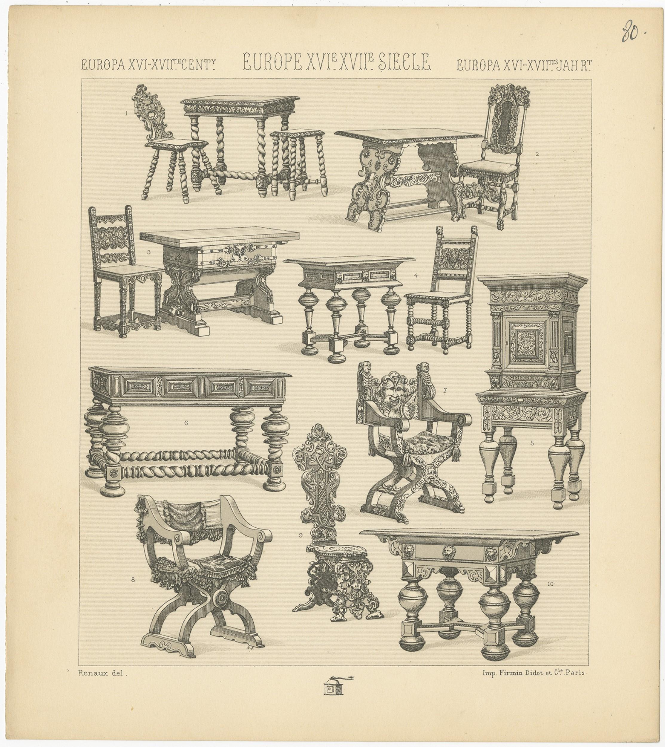 XIXe siècle Pl. 80 Estampe ancienne de mobilier européen des XVIe-XVIIe par Racinet, circa 1880 en vente