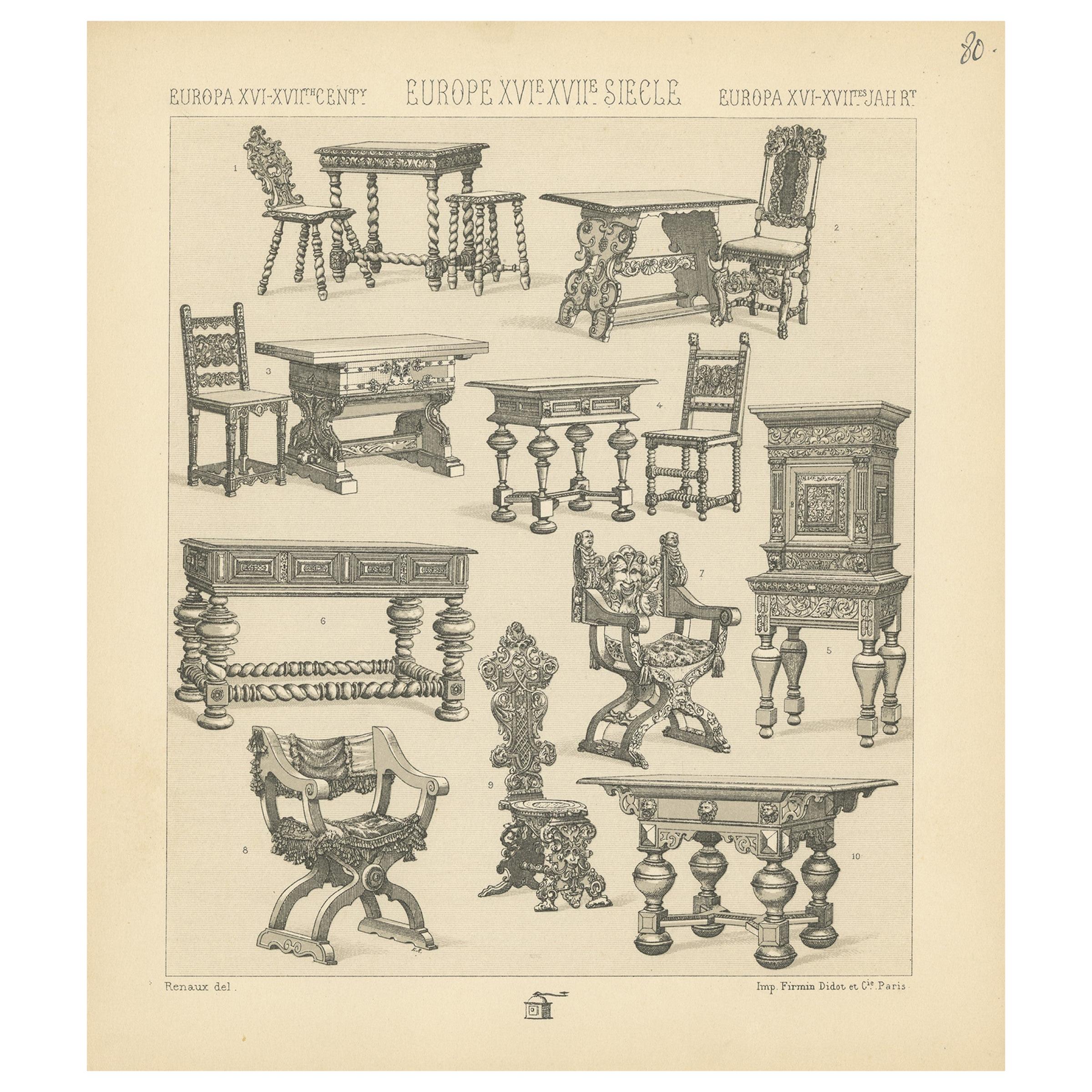 Pl. 80 Antique Print of European XVIth-XVIIth Furniture by Racinet, circa 1880