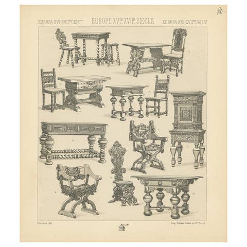 Pl. 80 Antique Print of European XVIth-XVIIth Furniture by Racinet, circa 1880