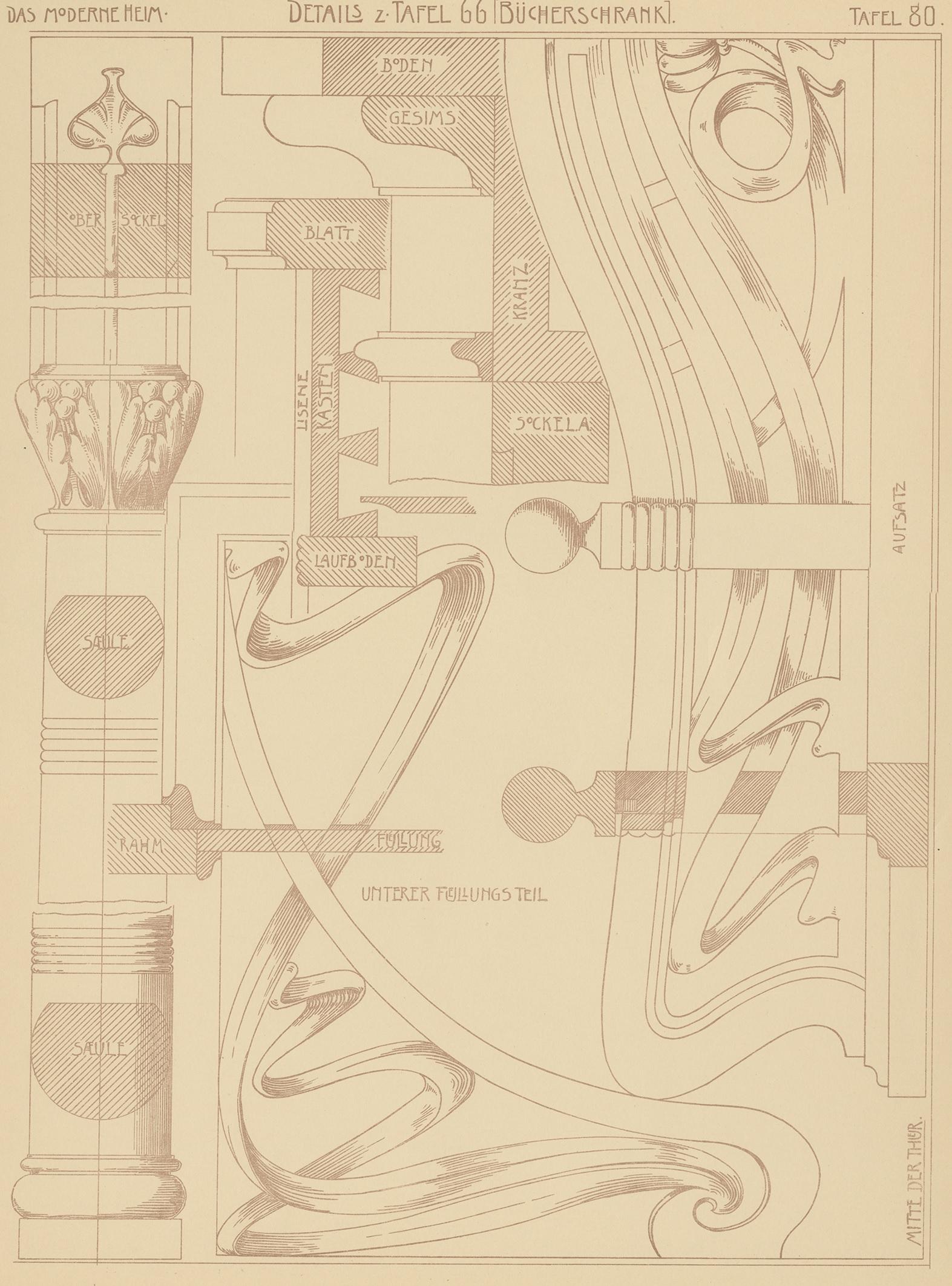 Antique print titled 'Details z. Bücherschrank'. Lithograph of furniture details. This print originates from 'Det Moderna Hemmet' by Johannes Kramer. Published by Ferdinand Hey'l, circa 1910.