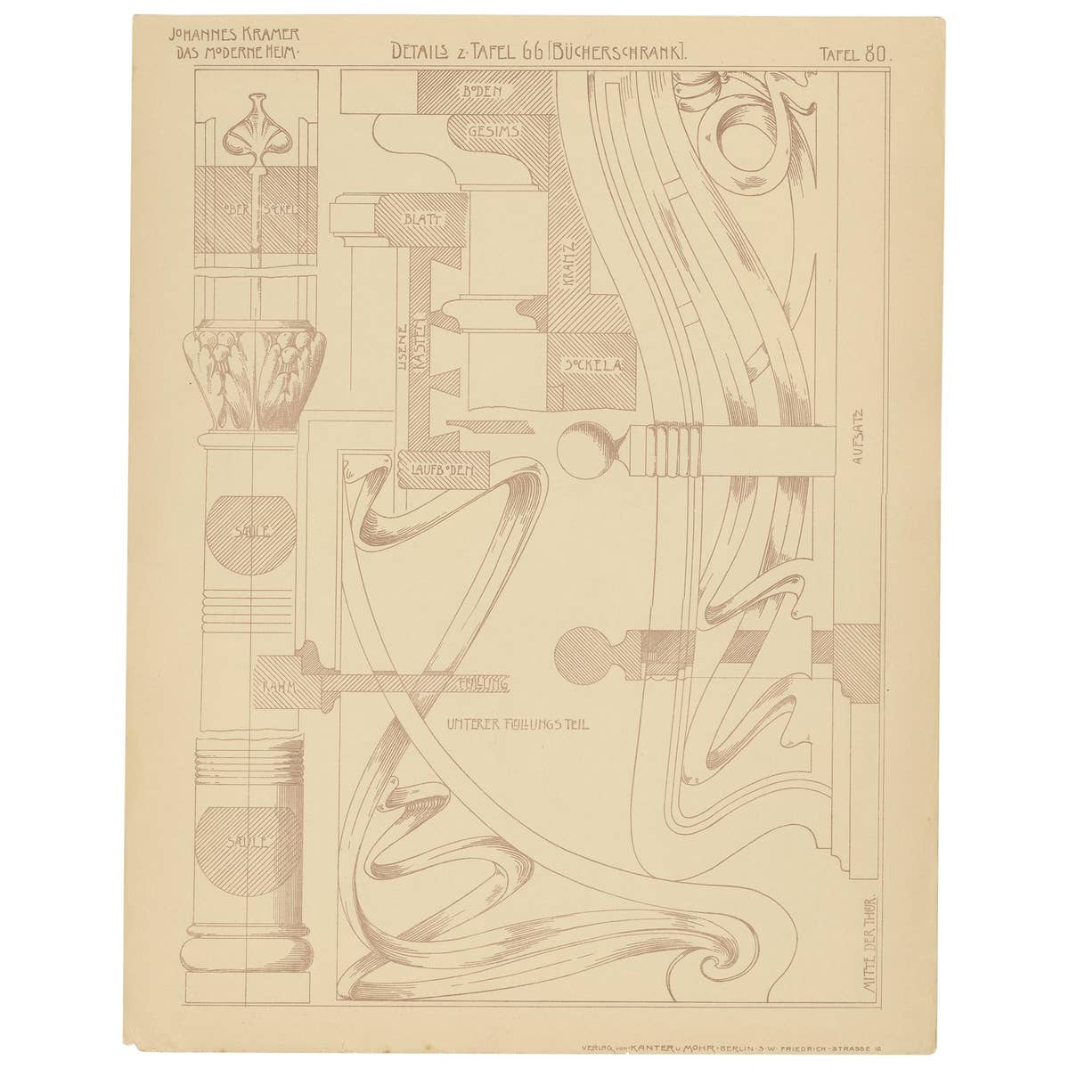 Pl. 80 Antique Print of Furniture Details by Kramer, circa 1910