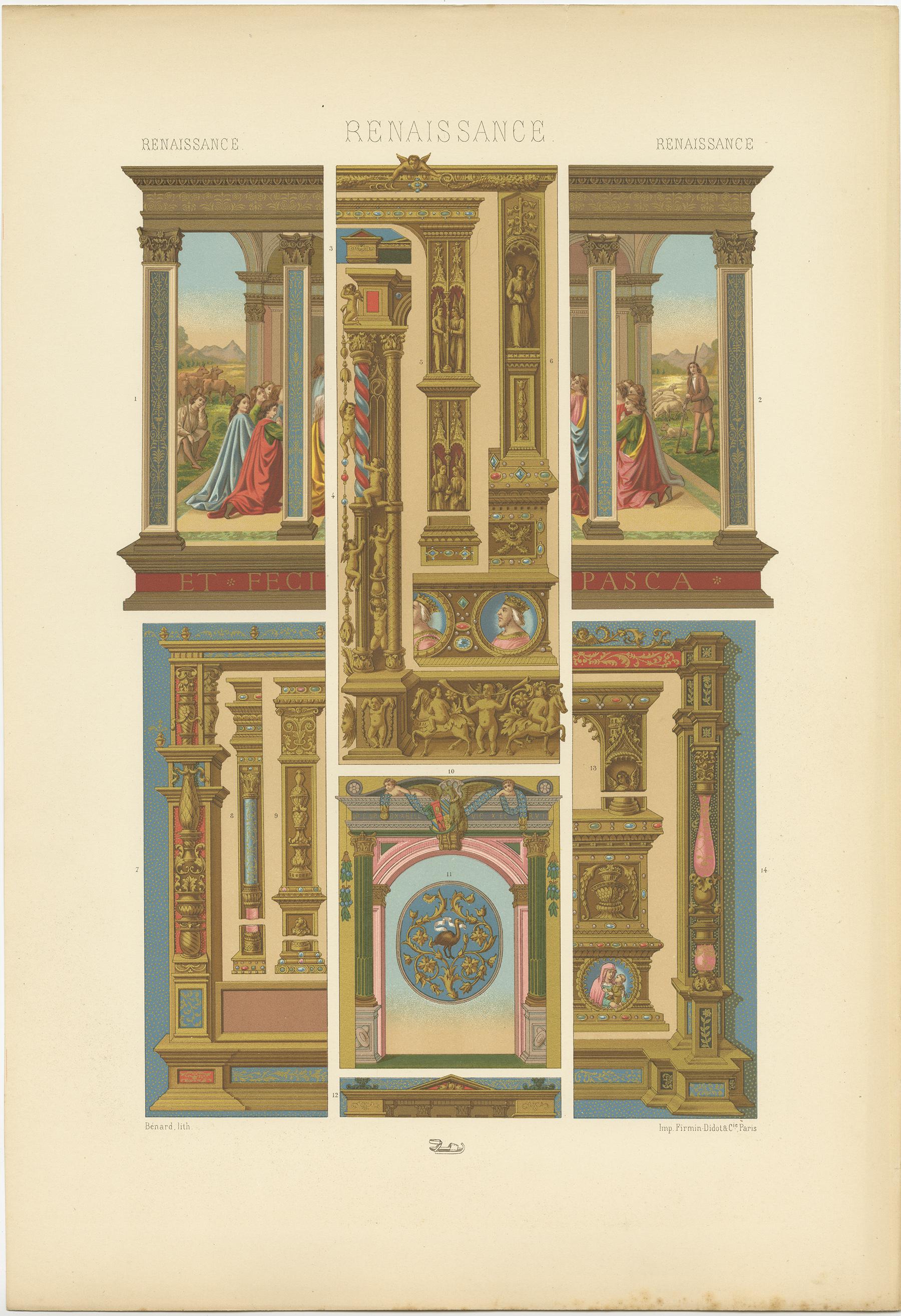 Antique print titled 'Renaissance - Renaissance - Renaissance'. Chromolithograph of architectural and metalwork motifs from Italian manuscripts ornaments. This print originates from 'l'Ornement Polychrome' by Auguste Racinet. Published circa 1890.