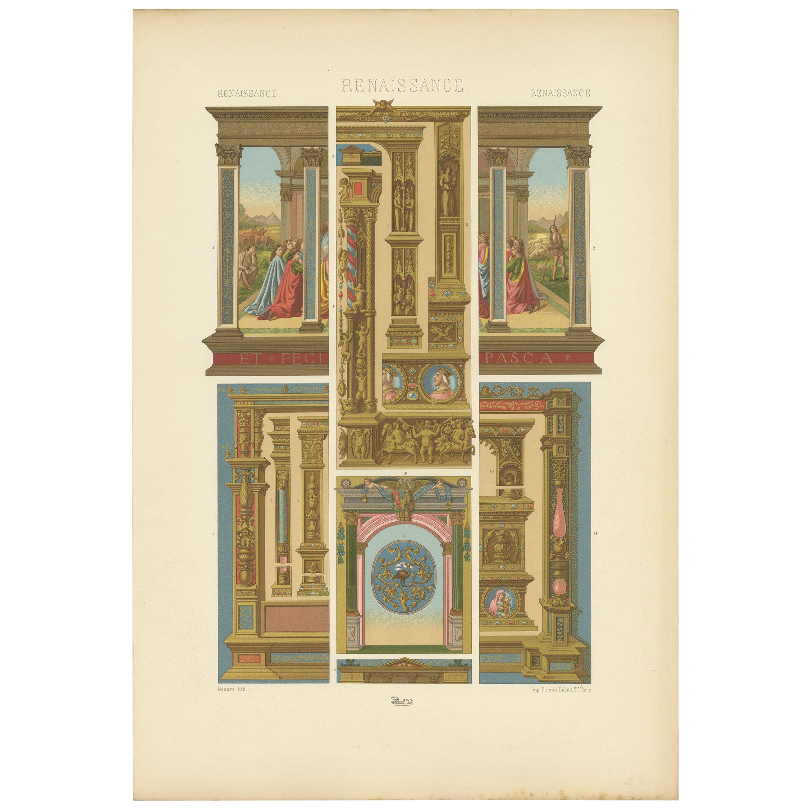 Pl. 80 Antique Print of Renaissance Architectural &Metalwork by Racinet 'c.1890'