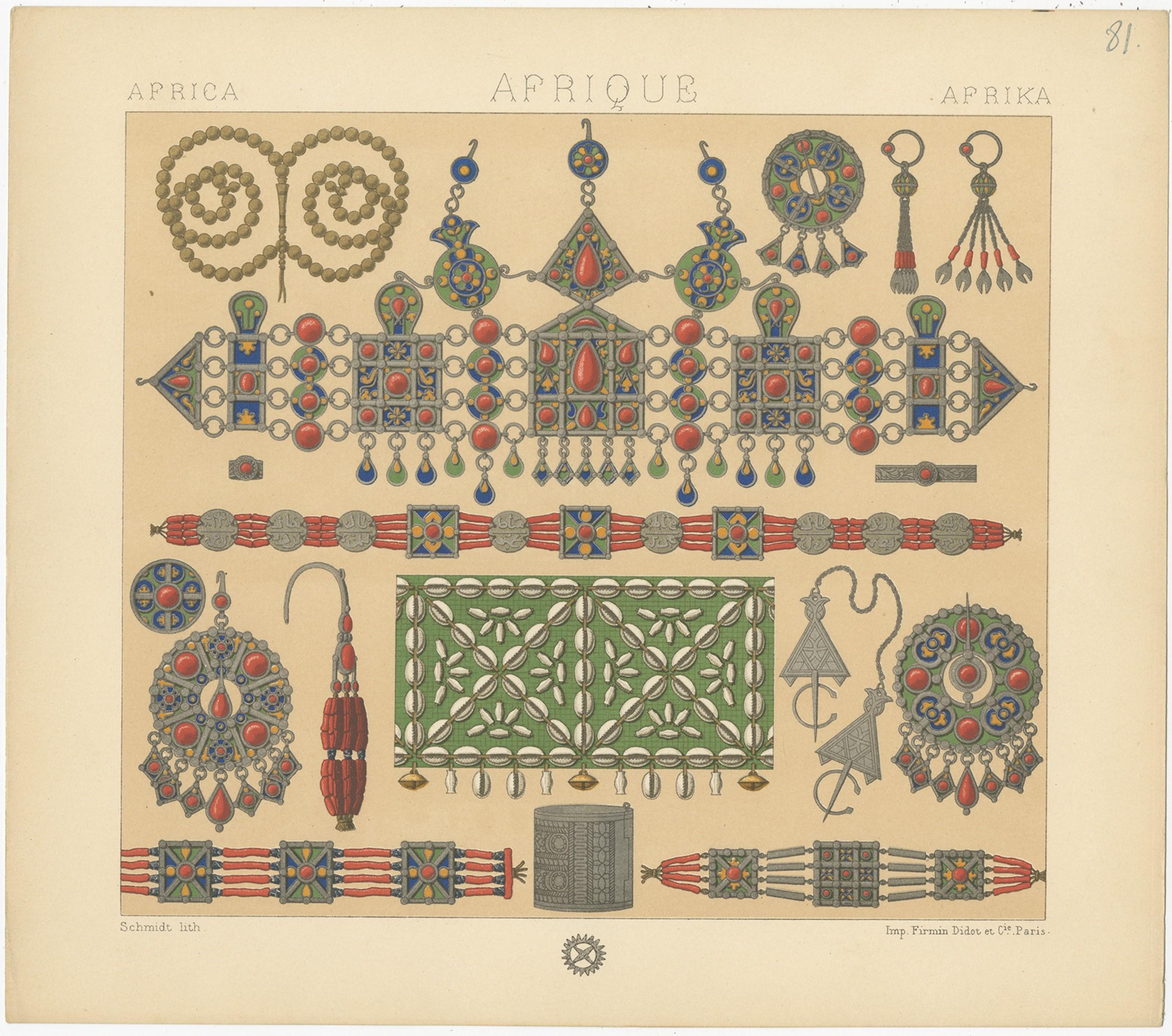 Antique print titled 'Africa - Afrique - Afrika'. Chromolithograph of African Decorative Objects. This print originates from 'Le Costume Historique' by M.A. Racinet. Published, circa 1880.