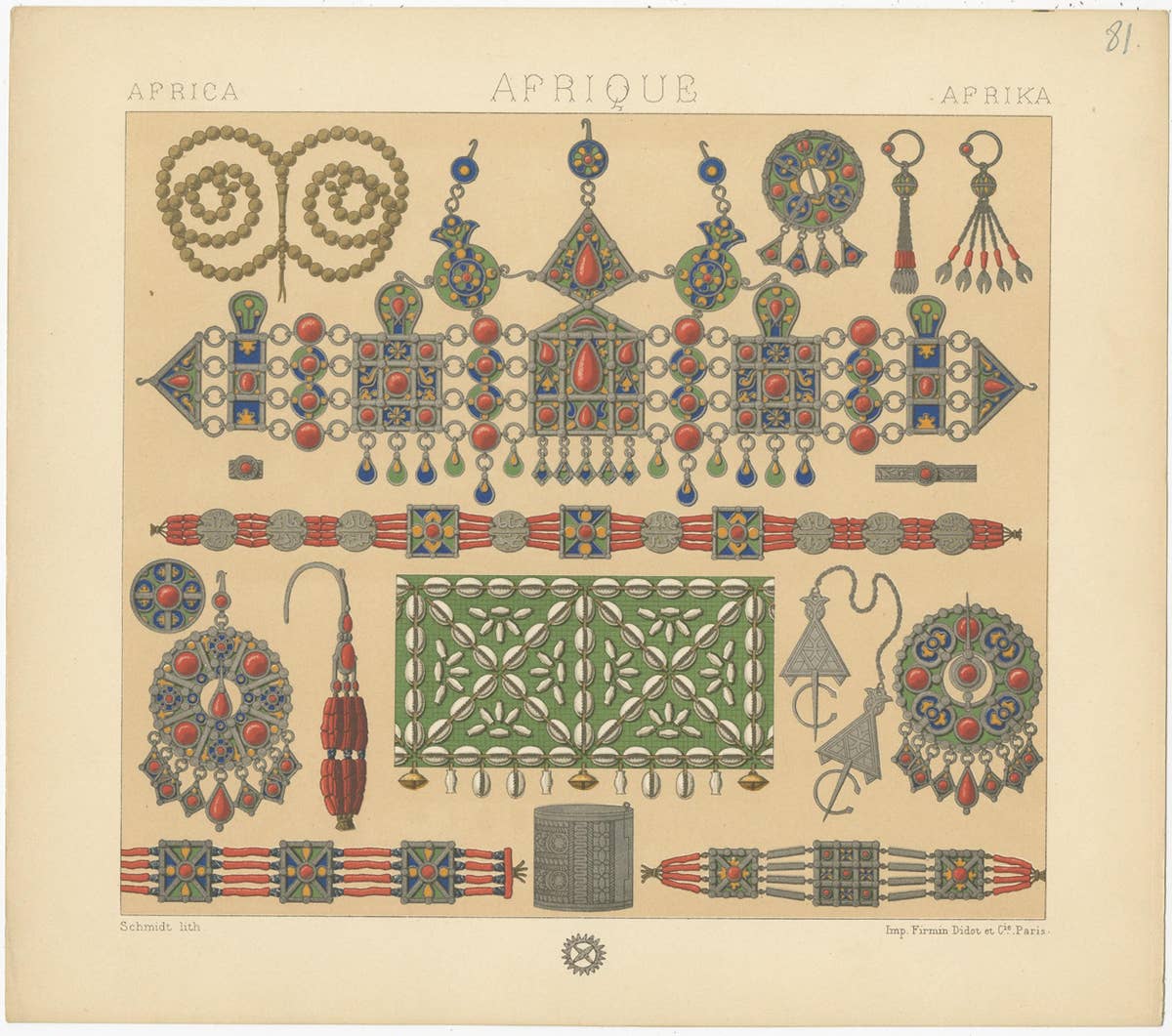 Pl. 81 Antique Print of African Decorative Objects by Racinet, 'circa 1880'