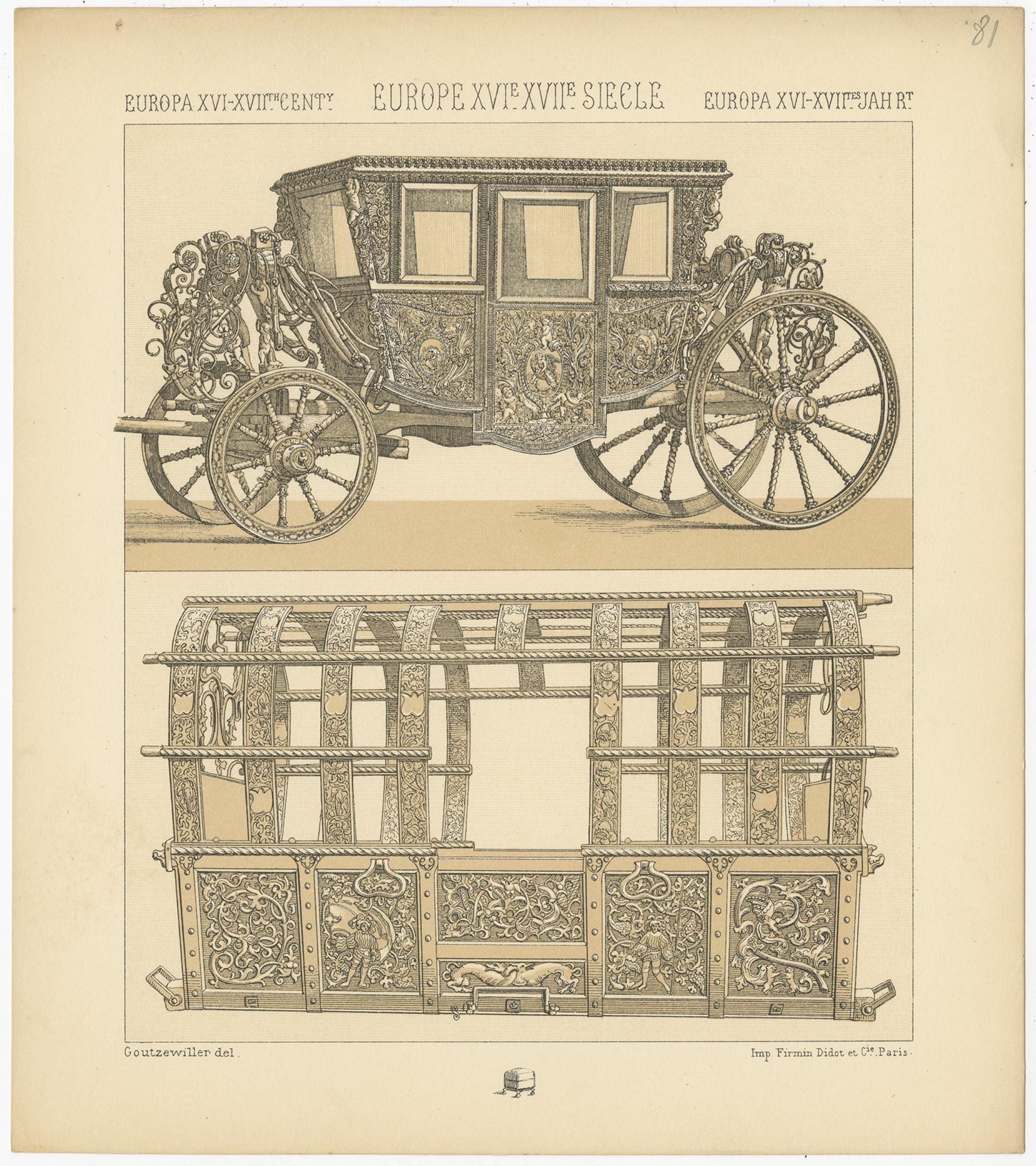 Antique print titled 'Europa XVI, XVIIth Cent - Europe XVIe, XVIIe Siecle - Europa XVIt, XVIItes Jahr'. Chromolithograph of European 16th-17th century carriage. This print originates from 'Le Costume Historique' by M.A. Racinet. Published circa 1880.