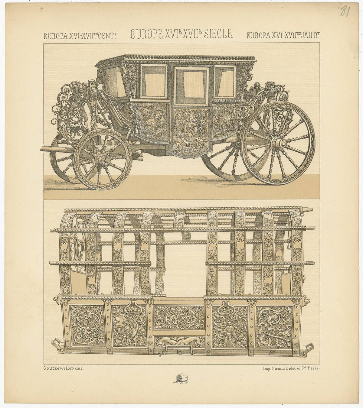 Pl. 81 Antique Print of European 16th-17th Century Carriage, Racinet, circa 1880