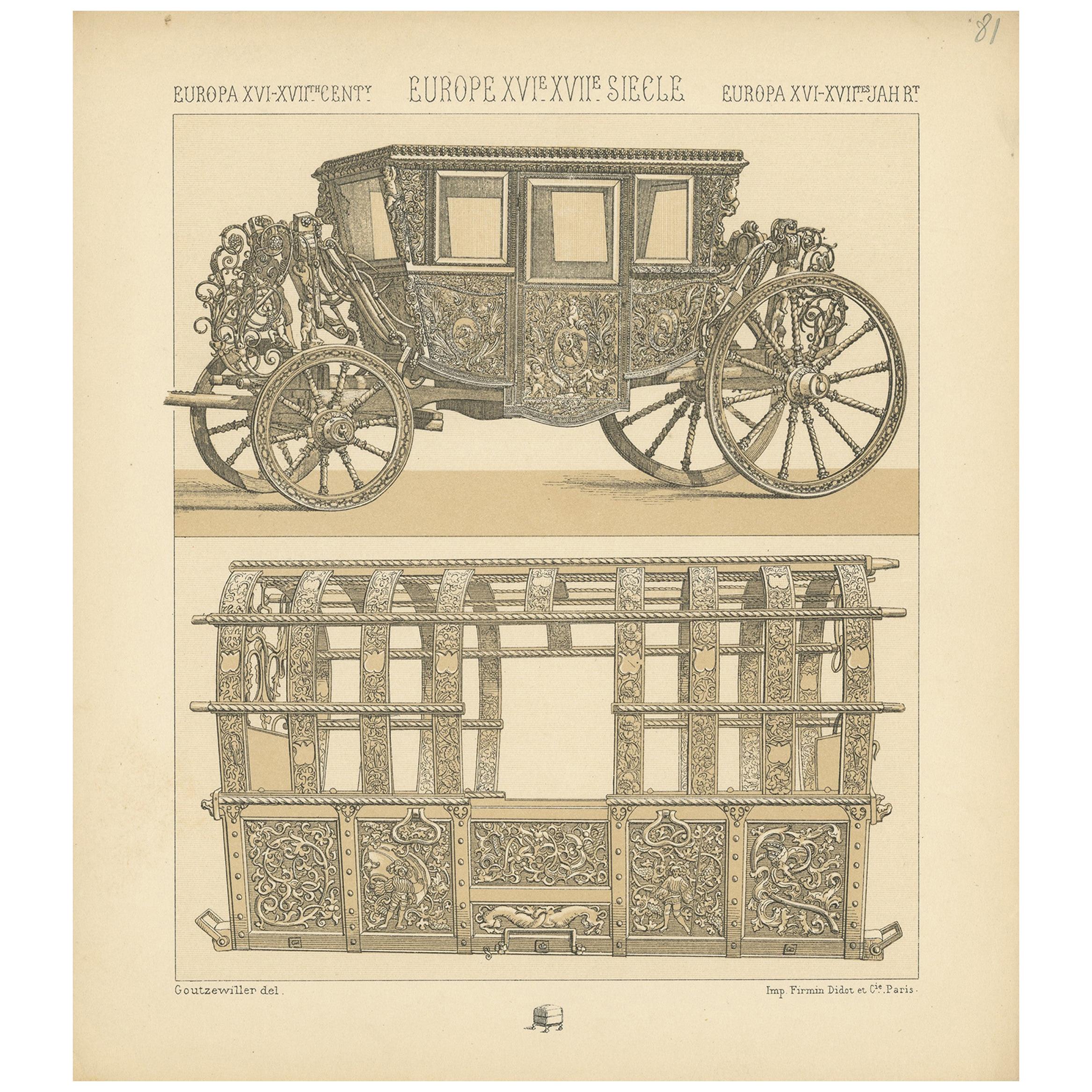 Pl. 81 Antique Print of European 16th-17th Century Carriage, Racinet, circa 1880 For Sale