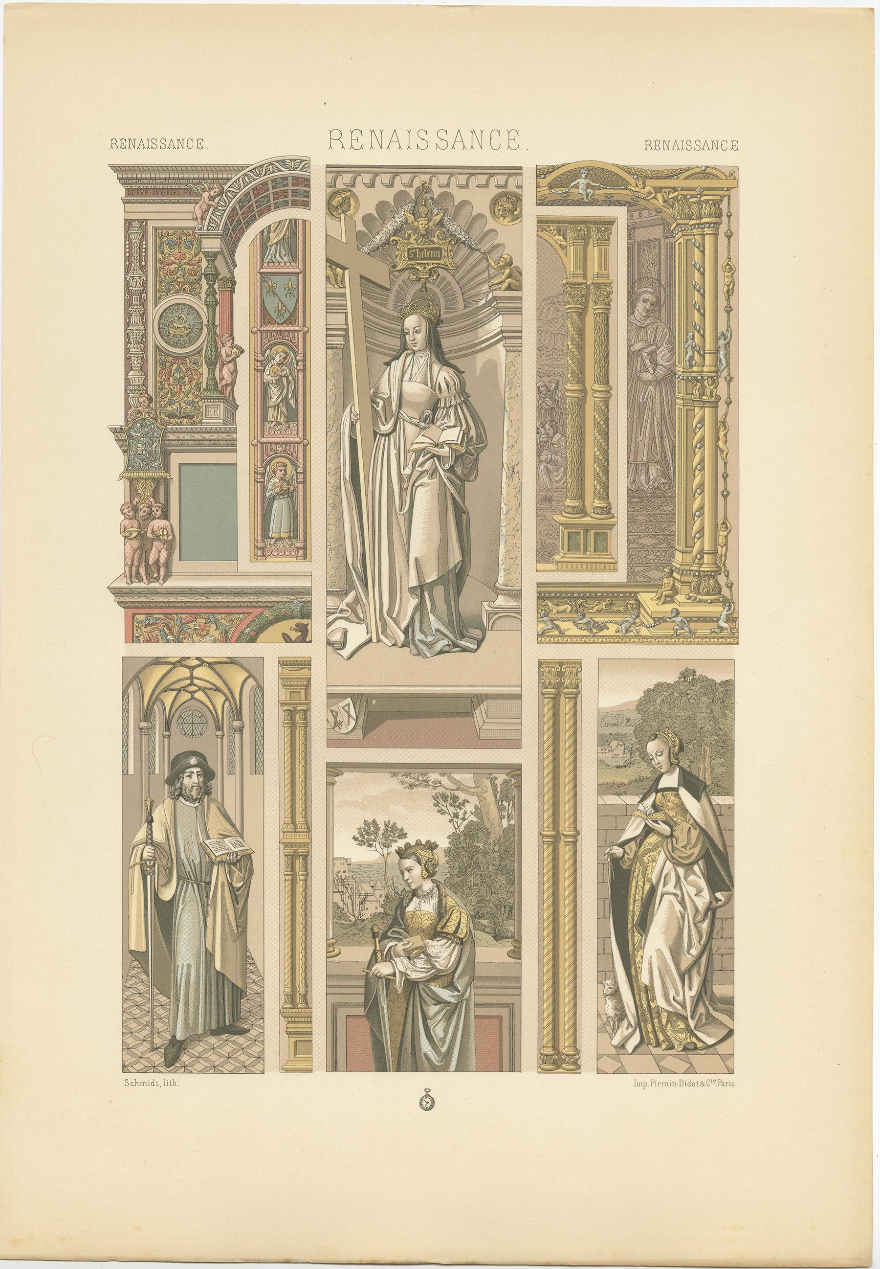 Pl. 81 Print of Renaissance Architectural & Figural by Racinet, circa 1890 In Good Condition For Sale In Langweer, NL