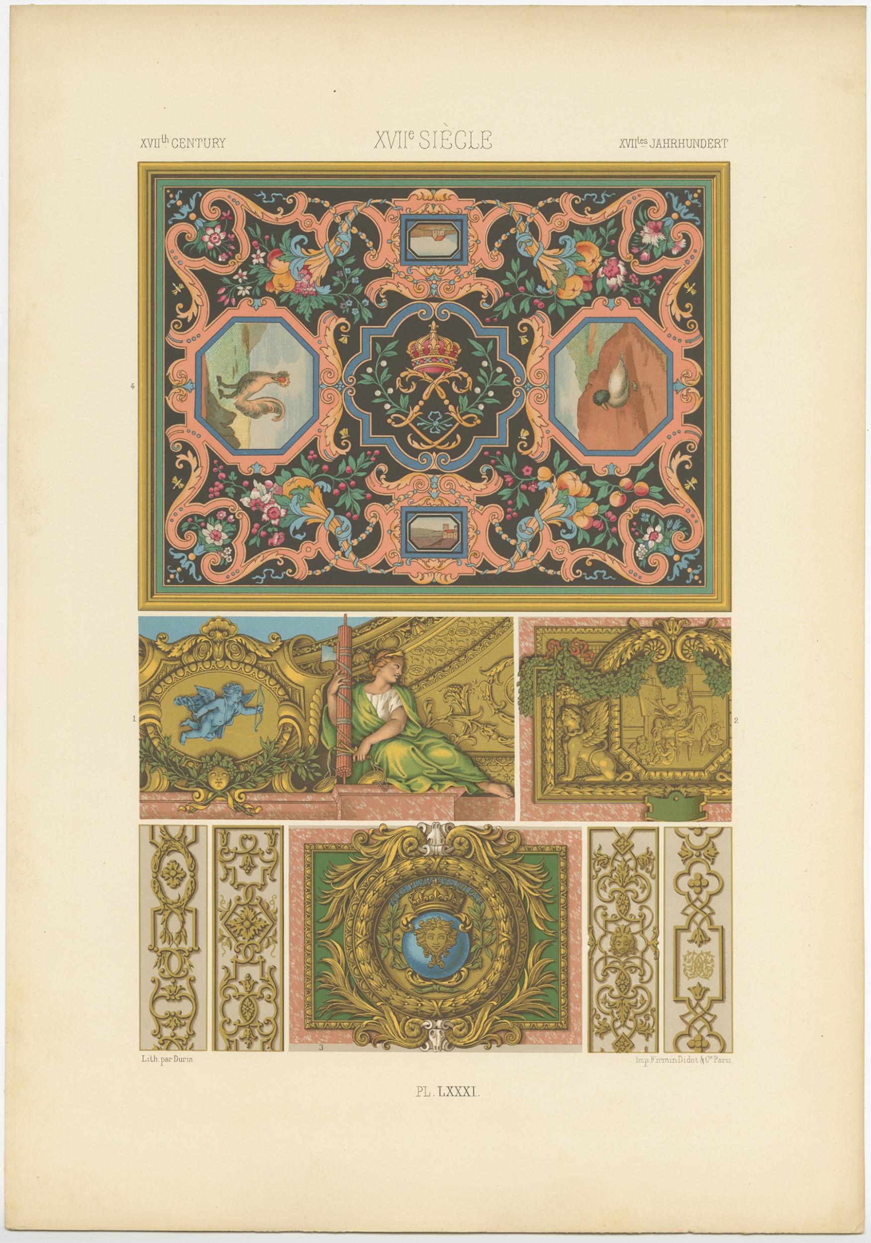 Antique print titled ' XVIIth Century - XVIIe Siecle - XVIItes Jahrhundert'. Chromolithograph of 17th century ornaments and decorative arts. This print originates from 'l'Ornement Polychrome' by Auguste Racinet. Published, circa 1890.