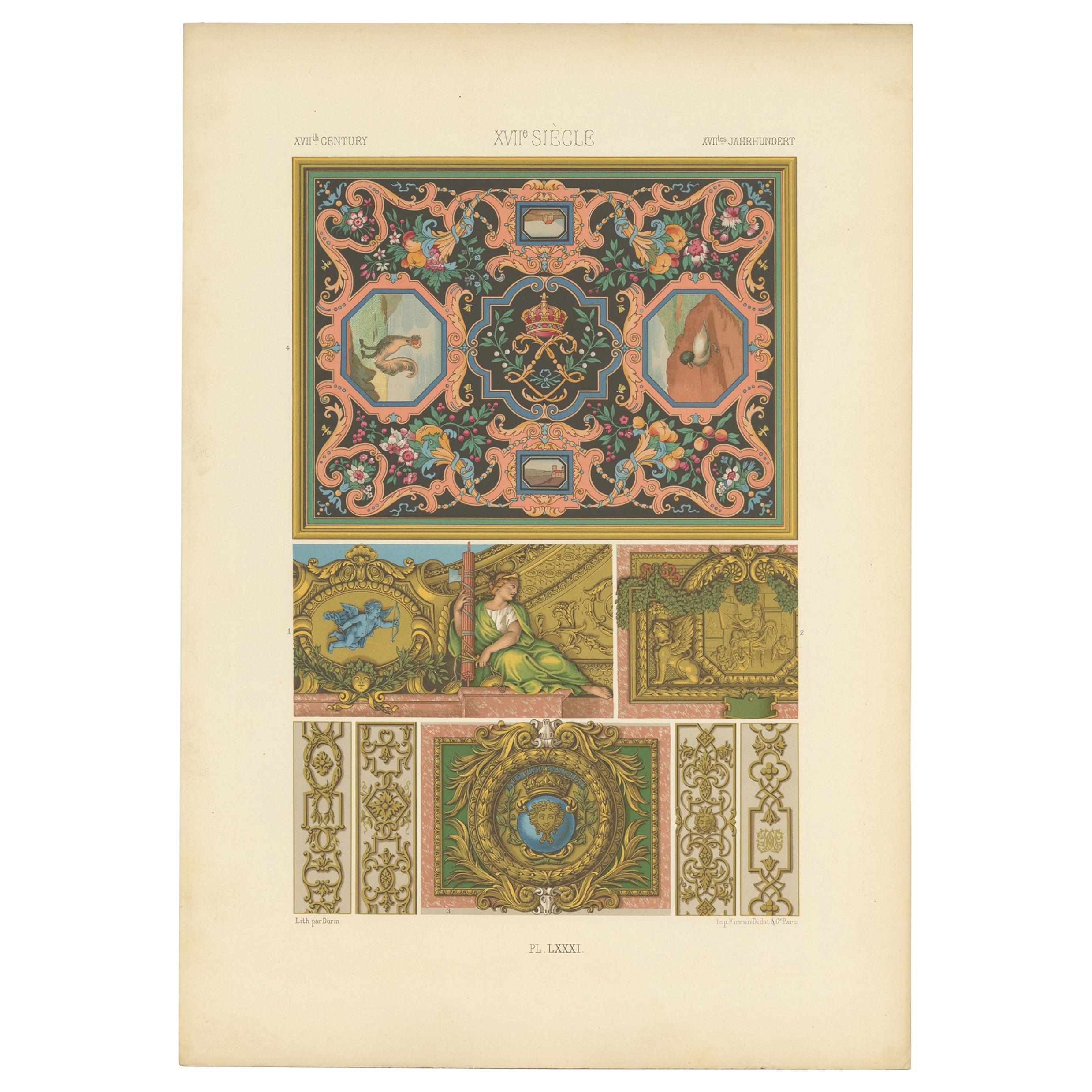 Pl. 81 Gravure ancienne d'ornements du 17e siècle par Racinet, "circa 1890".