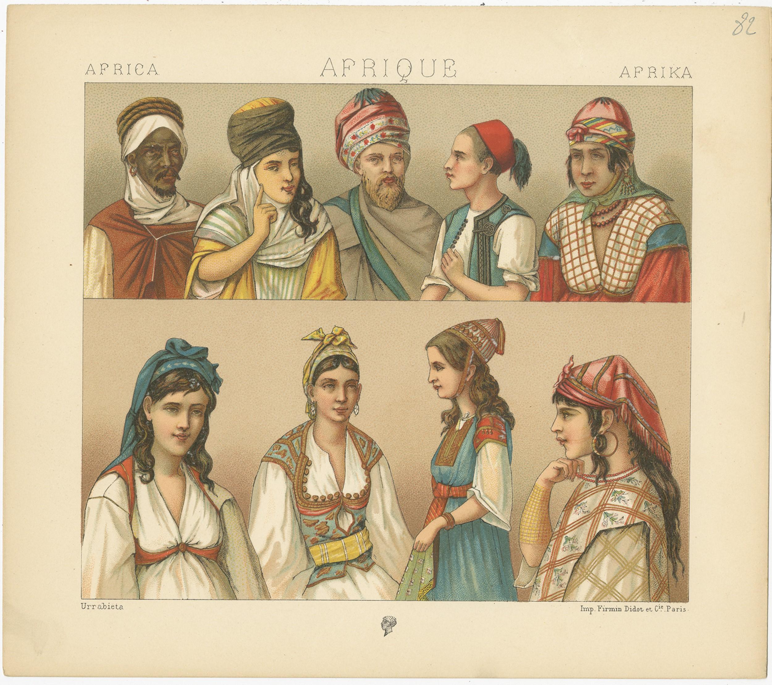 Pl. 82 Impression ancienne d'un racinet à costumes africains, vers 1880 Bon état - En vente à Langweer, NL