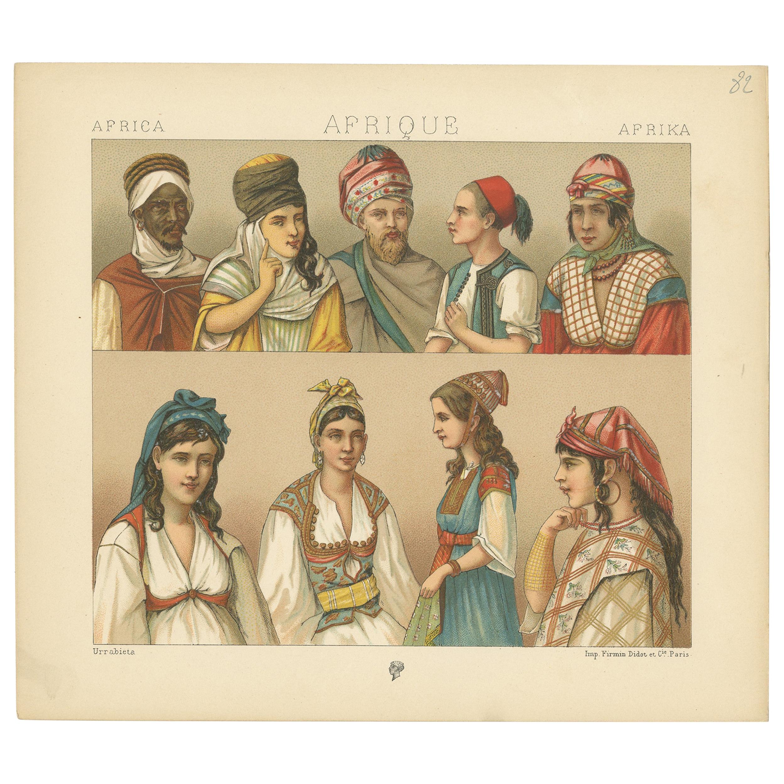 Pl. 82 Impression ancienne d'un racinet à costumes africains, vers 1880 en vente