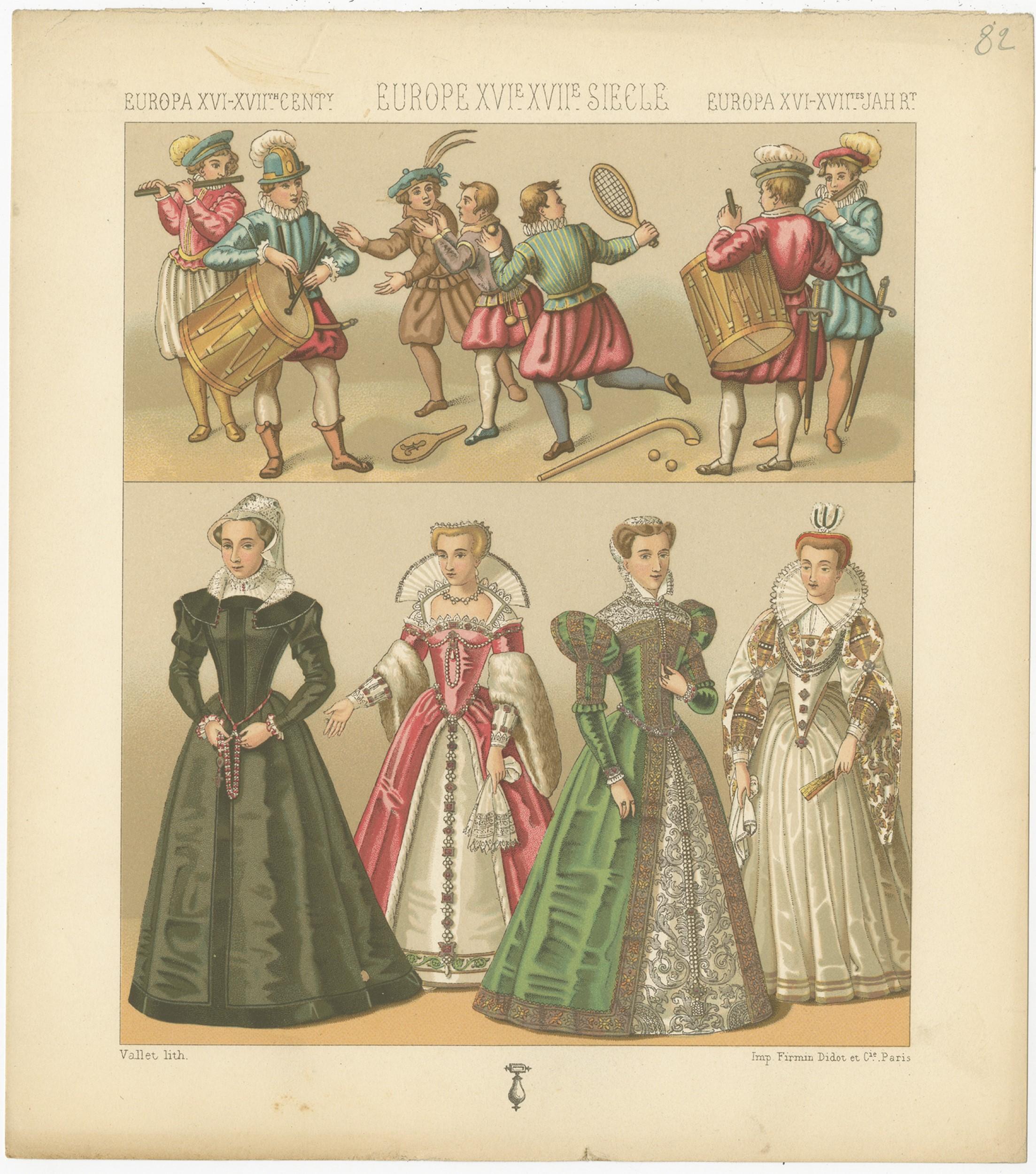 Pl. 82 Antique Print of European XVIth-XVII Century Costumes by Racinet In Good Condition For Sale In Langweer, NL