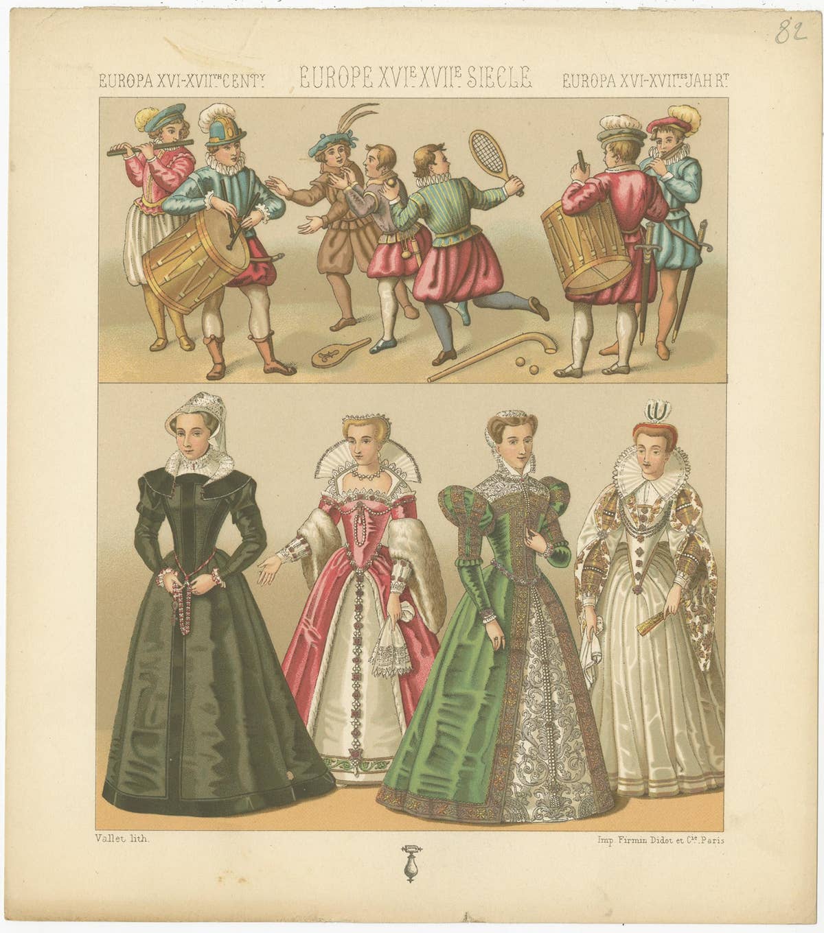 Pl. 82 Antique Print of European XVIth-XVII Century Costumes by Racinet